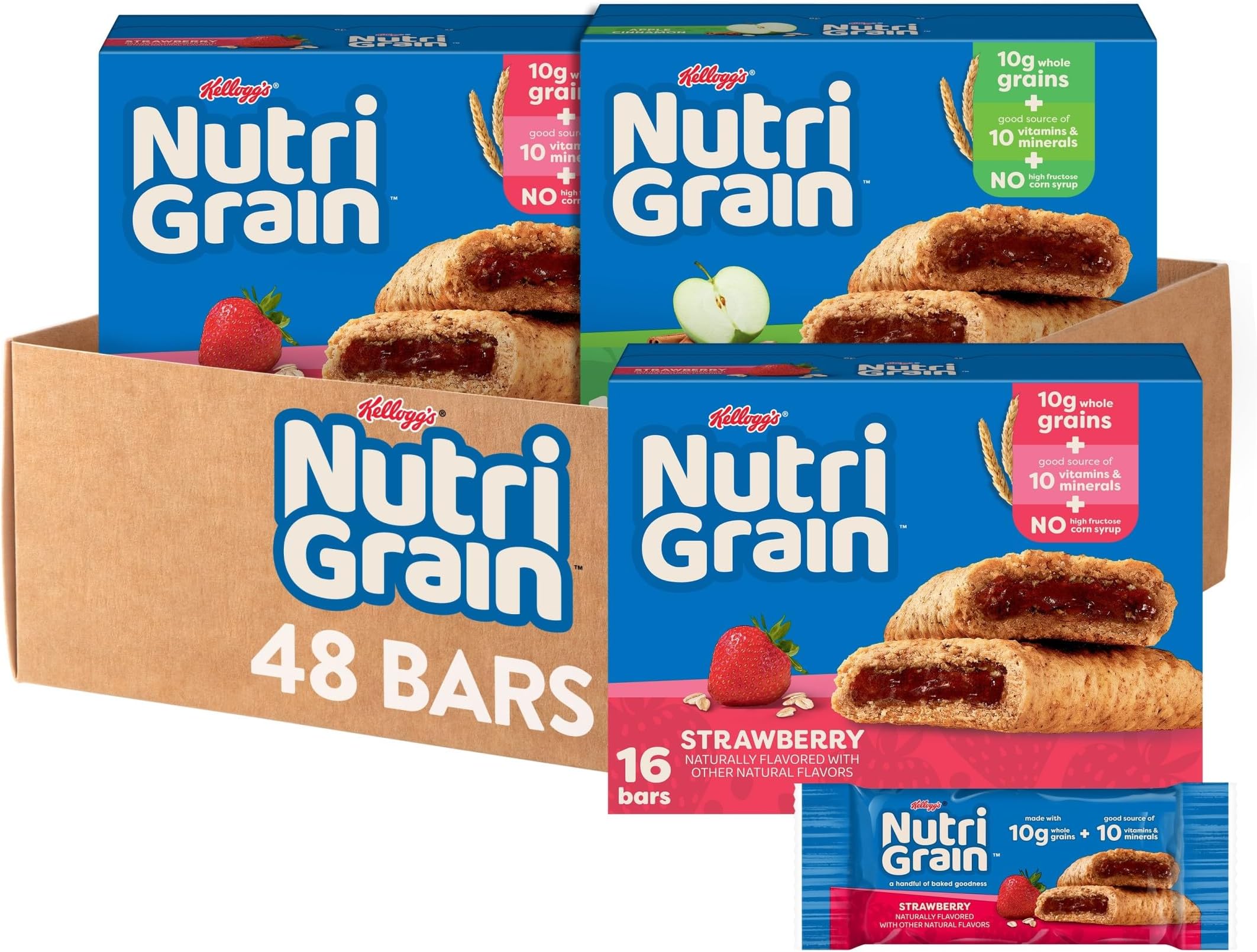 Nutri-Grain Soft Baked Breakfast Bars, Made with Whole Grains, Kids Snacks, Value Pack, Variety Pack (3 Boxes, 48 Bars)