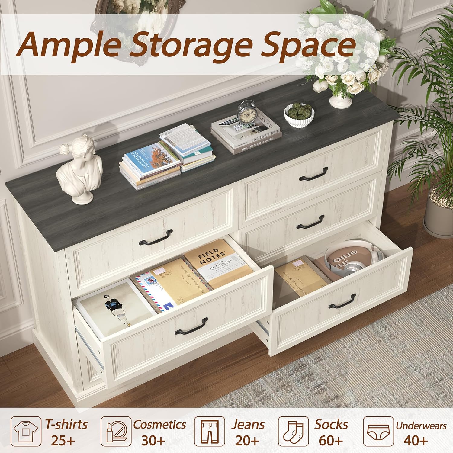 Farmhouse 6 Drawer Dresser for Bedroom, 55'' Wide Double Wood Rustic Chest of Drawers with Bar Handles, Modern Storage Dresser Organizer for Hallway, Living Room, White