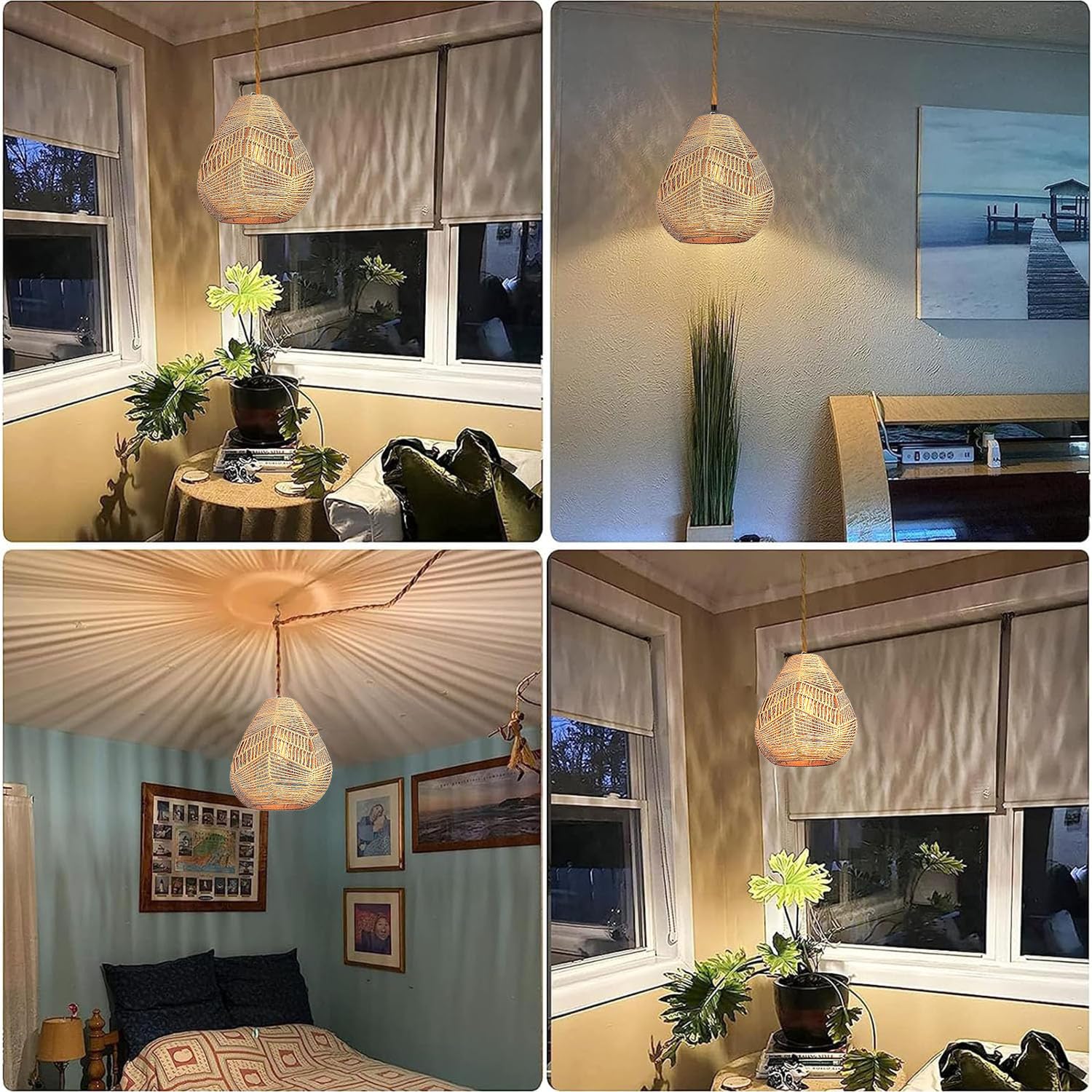 Pendelleuchte Kit mit Stecker Vintage Dimmbar Hängelampe Boho Rattan Lampe Plug in Hängeleuchte mit 4,5 Meter Seil Kabel E27 Handgewebte Lampenschirm Deckenleuchte für Küche Schlafzimmer Wohnzimmer