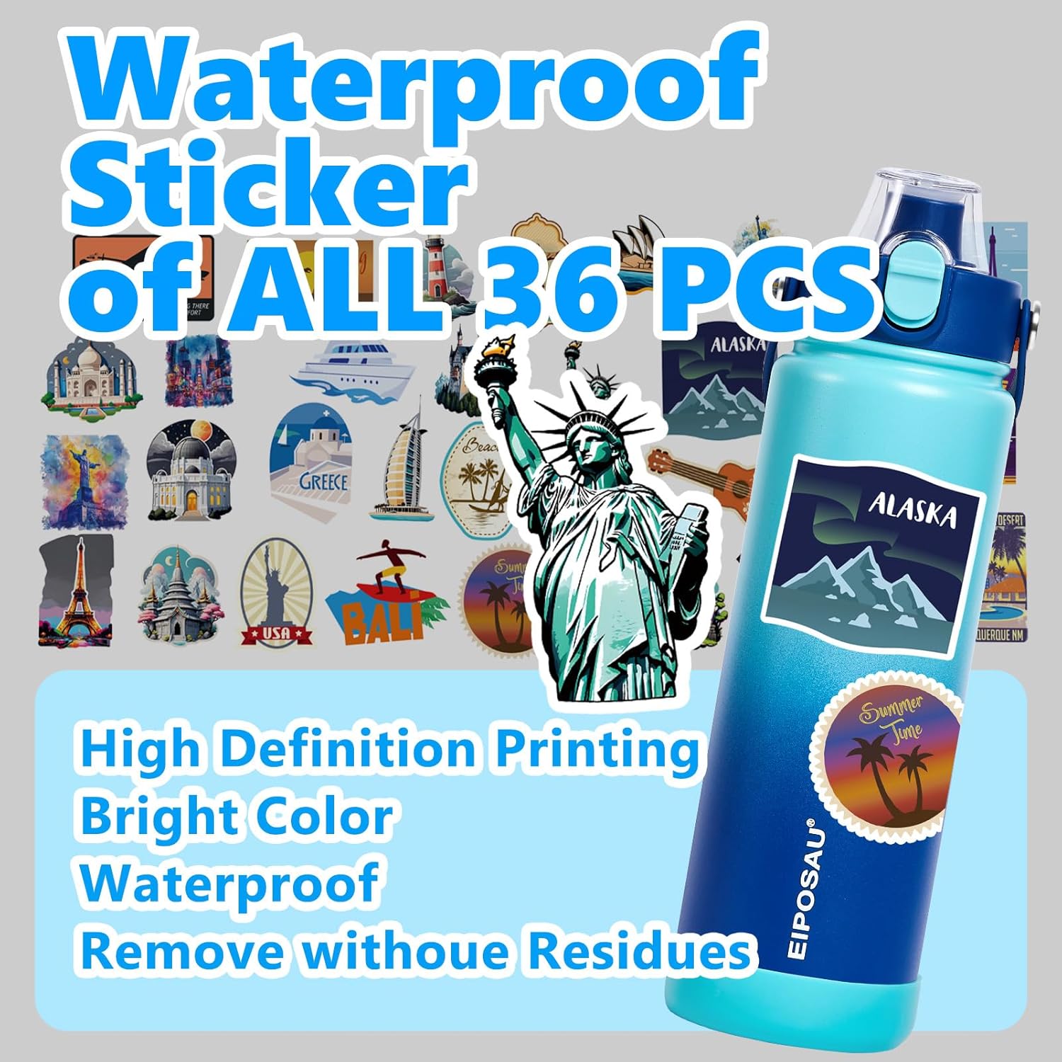 Insulated Water Bottle with Lid & Boot & Stickers, 24 oz Stainless Steel Sweat Free Bottle Keep Cold 24H, BPA-Free Sports Wide Mouth Water Bottle, CyanBlue - Image 7