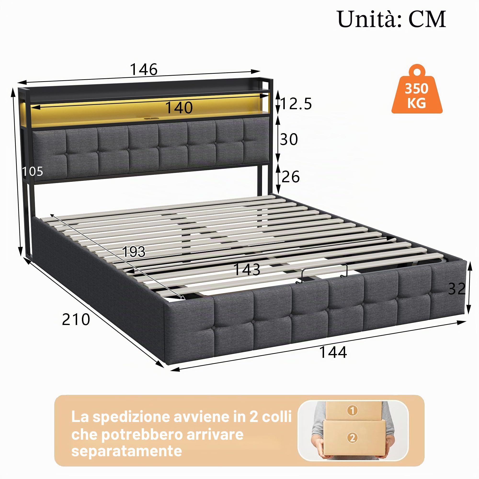 Letto imbottito 140 x 190 cm con spazio e rete a doghe, letto matrimoniale idraulico con funzione di ricarica USB e testiera LED, per adulti e ragazzi (nero+lino, 140 x 190 cm)