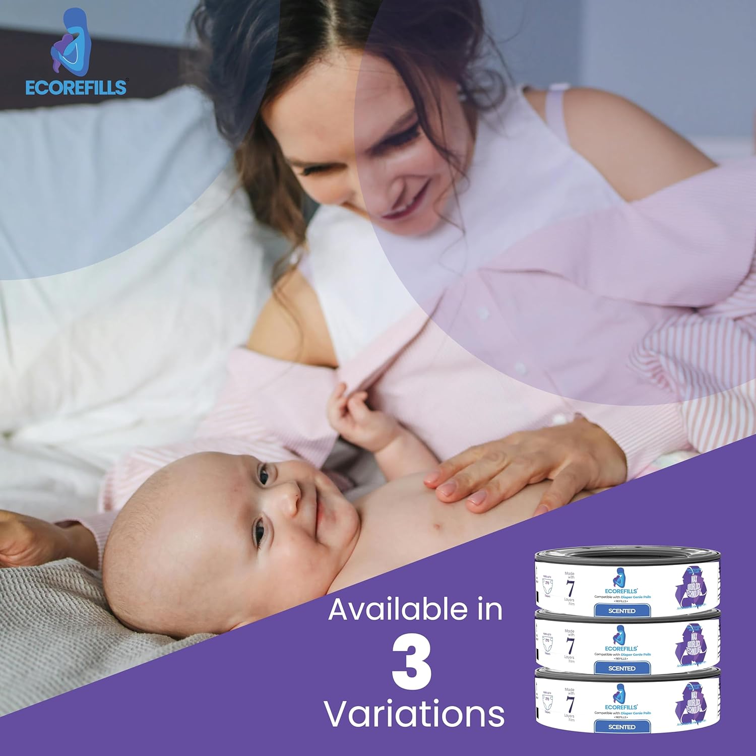 Diaper Pail Refills | Powder Scented Continuous Film with Max Odor Lock | Compatible with Diaper Genie Complete & Expressions (Universal, 8, Count)