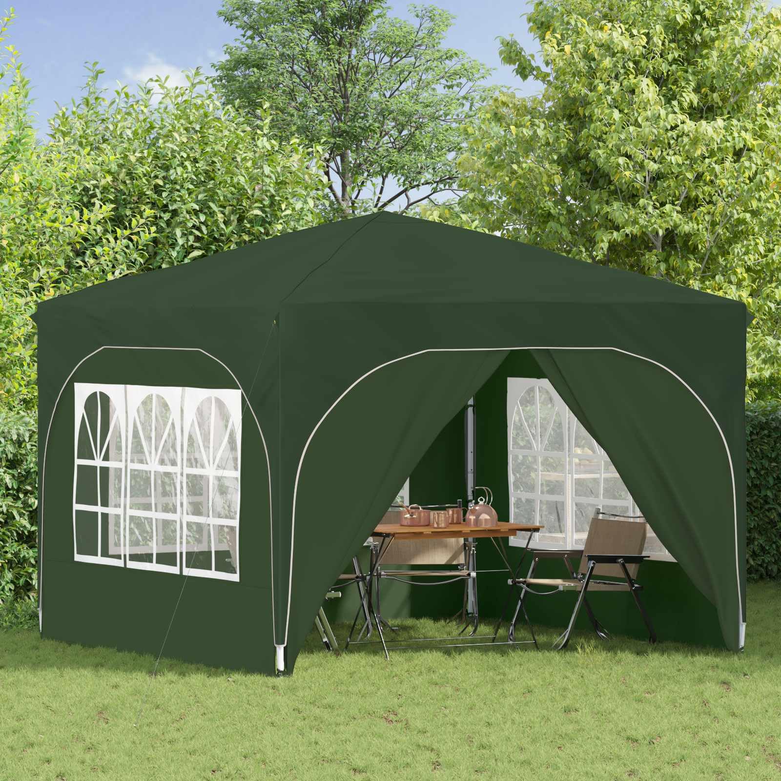 Składany namiot imprezowy 290 x 290 x 245 cm zielony | Tkanina Oxford 210D, wodoodporna, stalowa rama, w zestawie torba transportowa