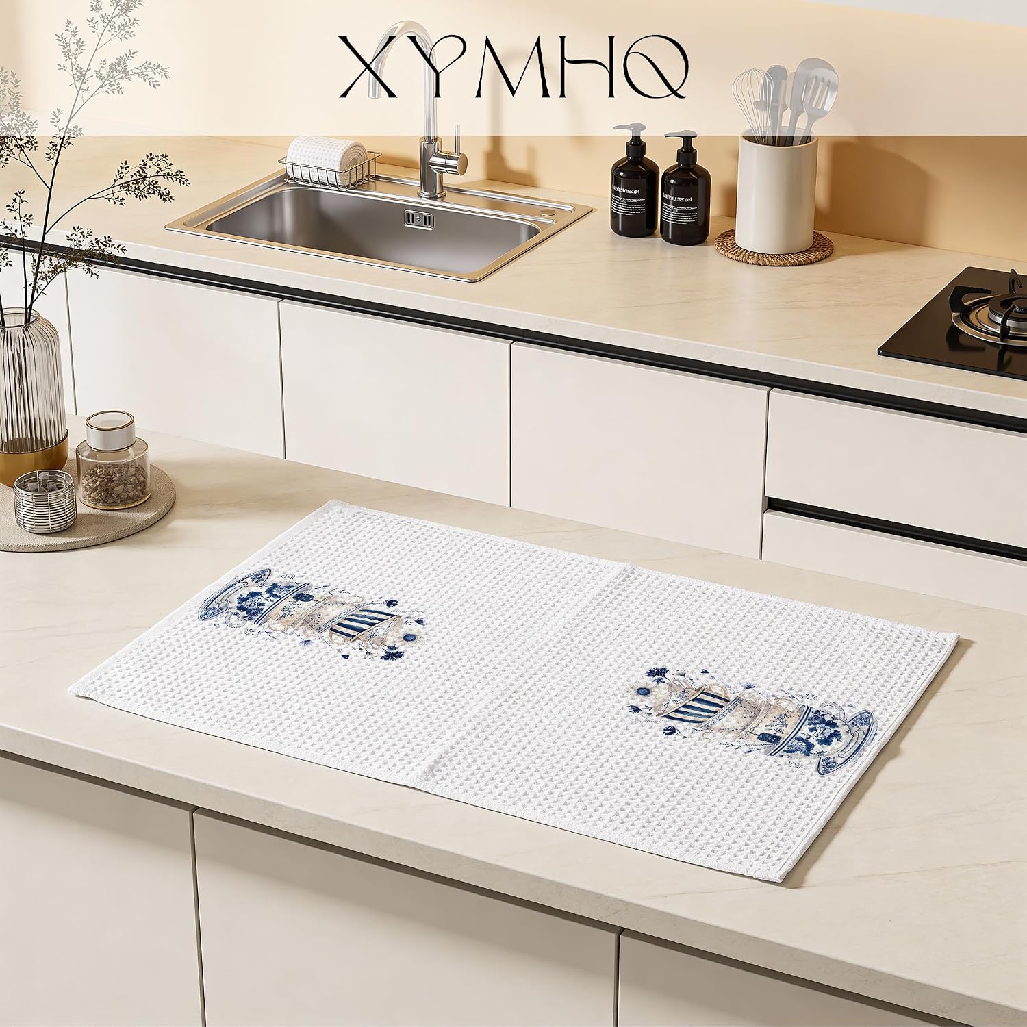 Stacked Teacup Gifts Kitchen Towels 16x24, Blue White Porcelain Decor Dish Cloth, Vintage Floral Coffee Cup Novelty Teacup Hand Towel for Tea Lovers, for Mom