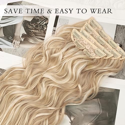 Miniatura 4 de NAYOO Extensiones de cabello con clip para mujer, de 20 pulgadas, largo, ondulado, rizado, mezcla de rubio decolorado, extensión de cabello
