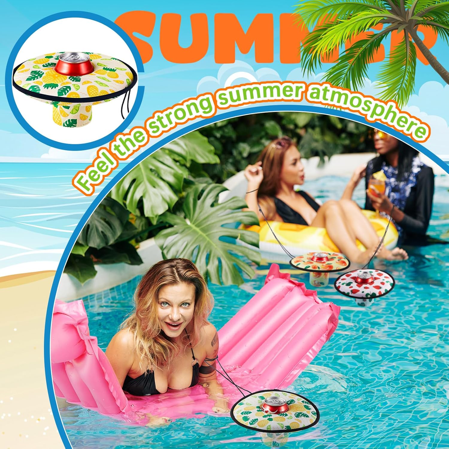 Rtteri 4 Pcs Neoprene Floating Drink Holder Pool Drink Floating Coaster Pool Beer Holder with Rope for Summer Party Tub Lake Boat, Medium(Fruit Style)