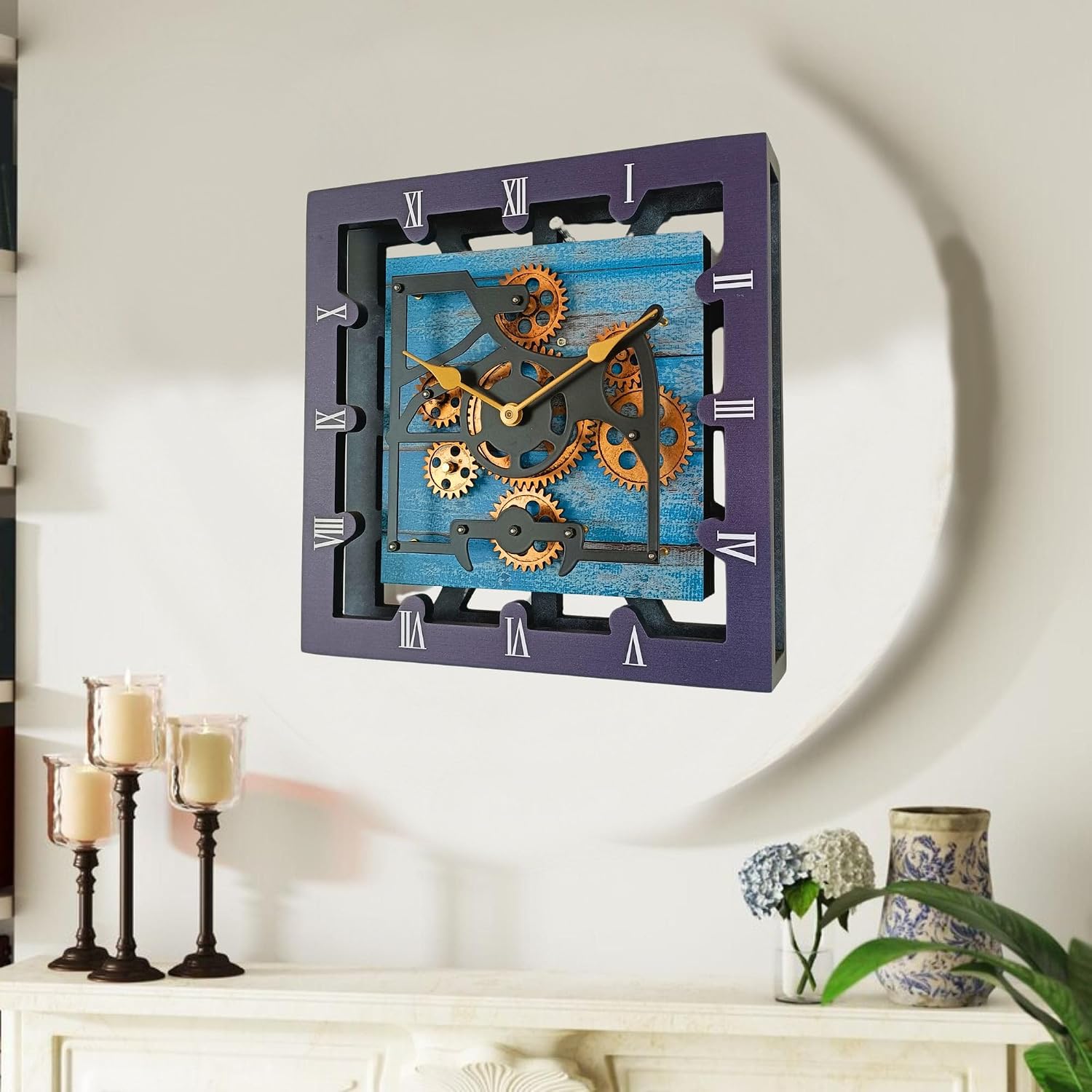 THE GEARS CLOCK Desk Clock 10 Inches with Real Moving Gear Square Convertible Into Wall Clock (Ocean Blue)