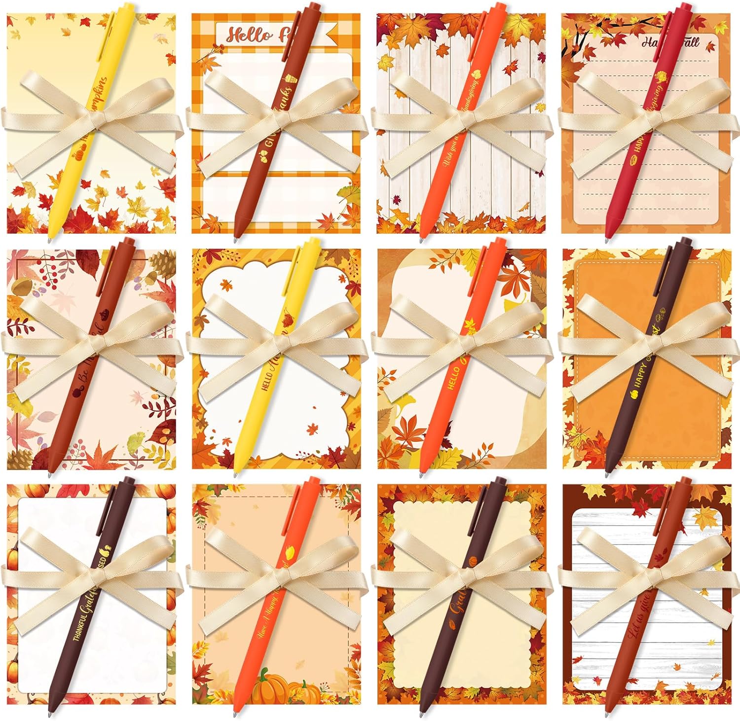 Marspark 36 Sets Fall Sticky Notes with Pen and Ribbon Bulk Maple Leaf Notepads Self-Adhesive Memo Pads Fall Pumpkin Note Pads for Employee Appreciation Gifts School Office Autumn Supplies