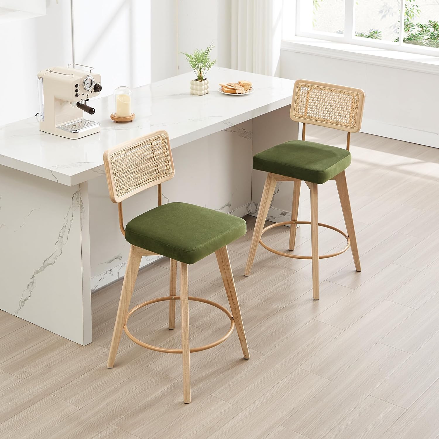 26’’ Natural Rattan Bar Stools, Wooden Counter Height Swivel Bar Stools, Velvet Upholstered Counter Stools with Woven Backrest for Kitchen Island, Home Bar (Green, Set of 2)