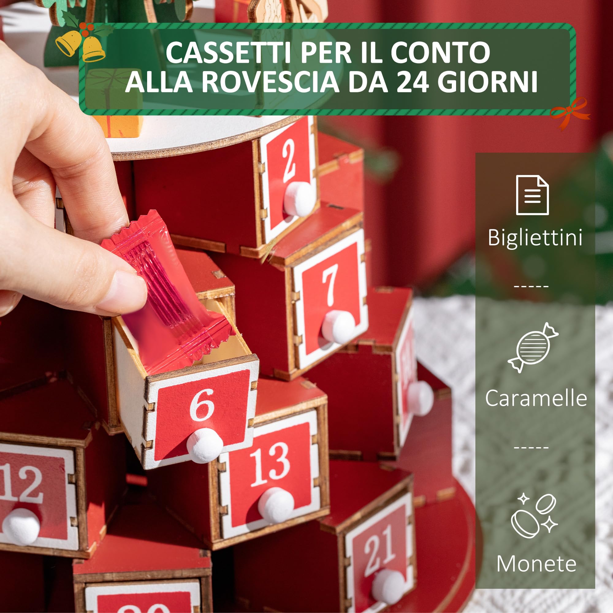 HOMCOM Calendario Avvento di Natale a Cono con 10 Luci a LED, Calendario dell'Avvento in Legno con Motivi a Tema, 22x22x35 cm, Rosso Verde e Giallo