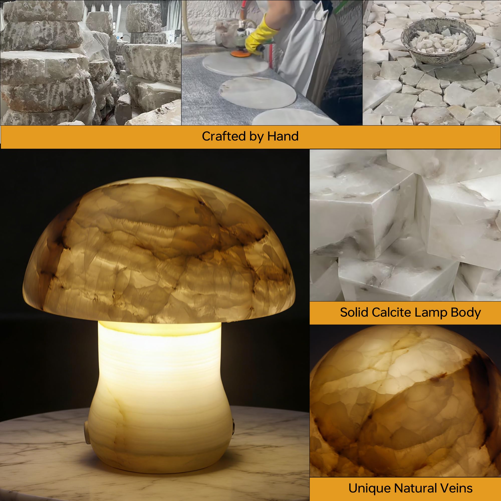 Pilzförmige Lampe aus Naturmarmor, kabelloses Nachtlicht in Pilzform, drei Farbtemperaturen, einstellbare Helligkeit, geeignet für Wohnzimmer, Schlafzimmer und Büro