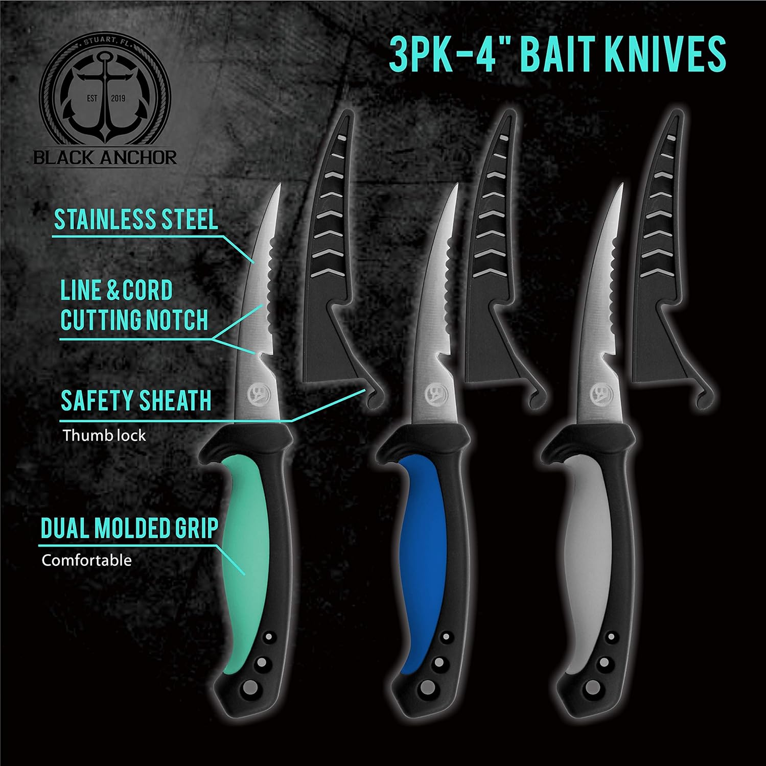 Black Anchor Bait Knife 3-Pack | 4" Razor Sharp 3CR13 Stainless Steel Blade with Sheath : Sports & Outdoors
