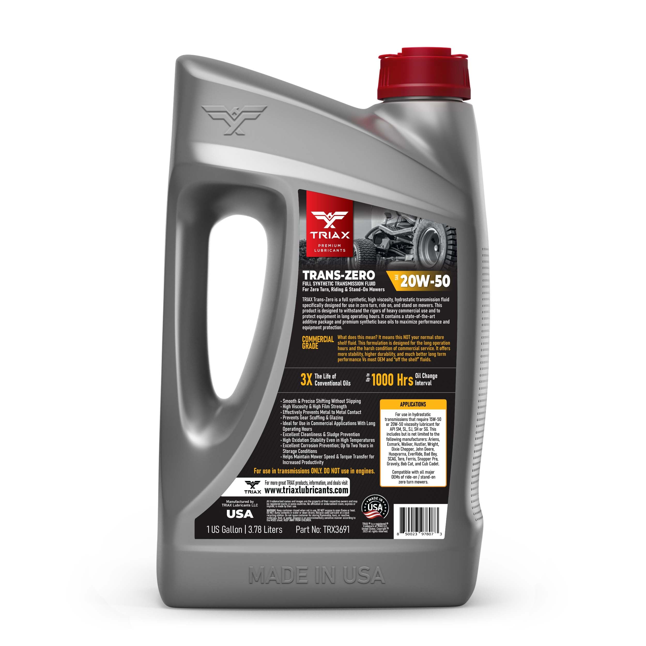 TRIAX Trans Zero 20W-50 Huile Synthétique pour Transmission Hydrostatique - Pour Tondeuses à Zéro Rayon de Braquage et Tondeuses Autoportées Zero Turn - Longue Durée et Protection Maximale 3.785 ltr.
