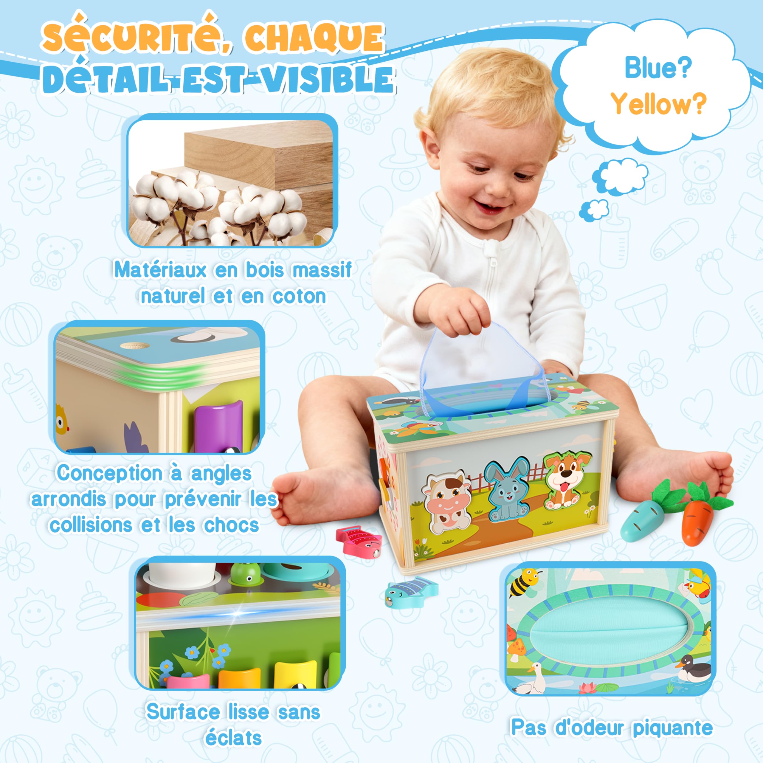Charmofun Jouet Bébé Montessori 1 an, Jouet Boîte à Mouchoirs Bébé, Xylophone, Jeu Pêche, Tri de Formes, STEM Educatif Cadeau pour Enfants Filles et Garçons