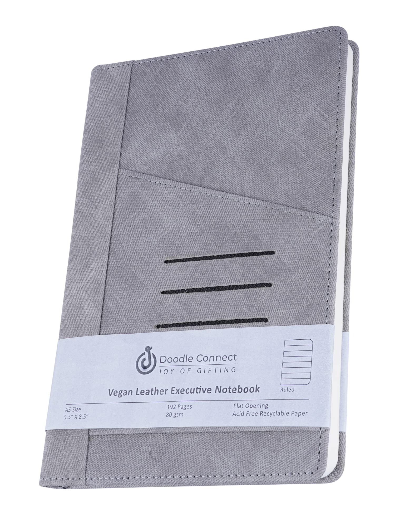 DOODLE Premium Executive Diary with Card Holder| A5 | Hard Bound |Undated New Year Diary | 192 Ruled Pages |80 GSM | Natural Shade Paper with Back Pocket | PU (Faux Leather) Cover| (Graham Grey)