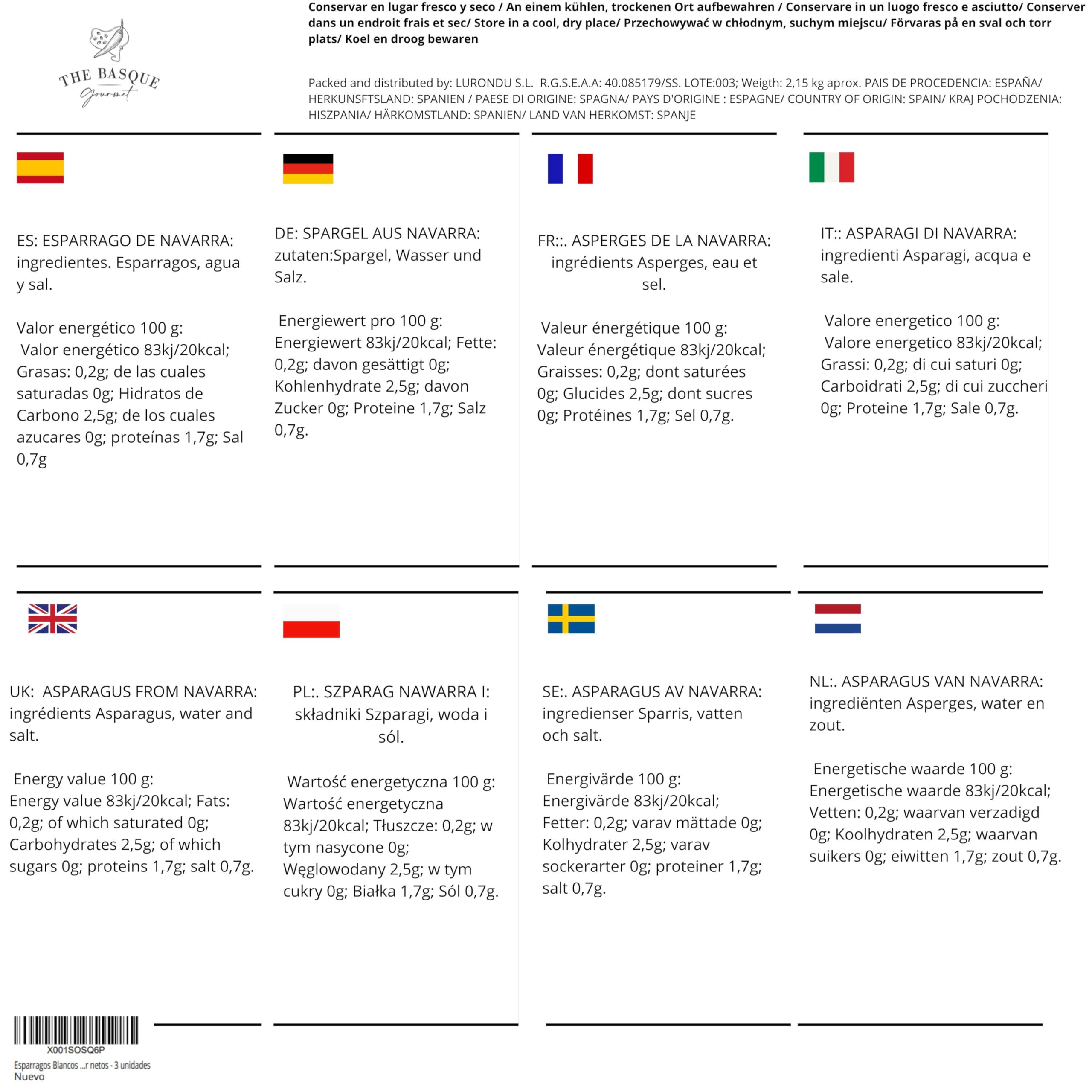 THE BASQUE gourmet - Esparragos Blancos de Navarra muy Guresos - 6-8 ud lata - 390 gr netos - 3 unidades