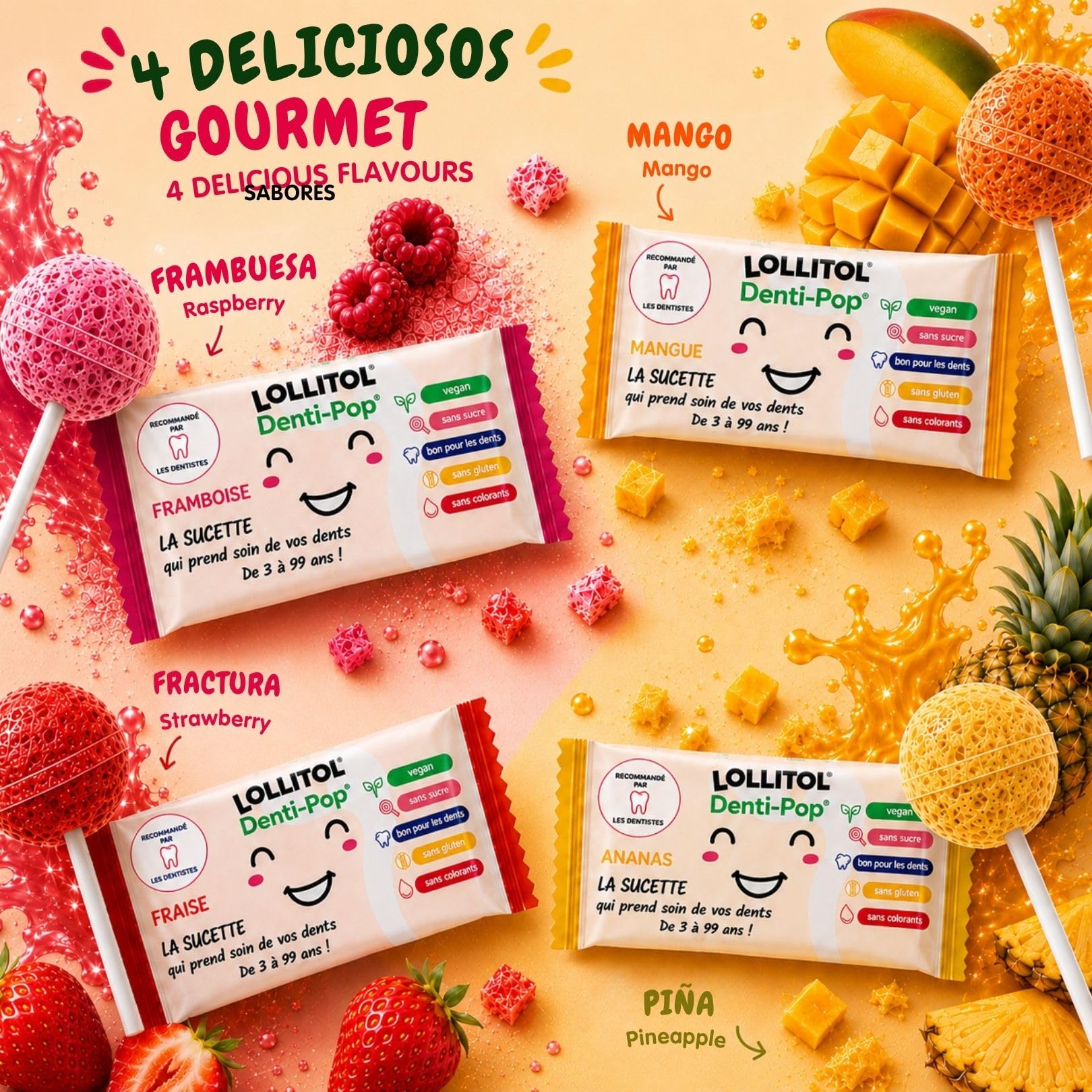 LOLLITOL Piruletas Sin Azúcar 28 Piezas – Caramelo Sin Azúcar, Lollipop Vegano Sabores de Fruta (Fresa, Frambuesa, Mango, Piña) – Sin Aspartamo, Estuche Degustación