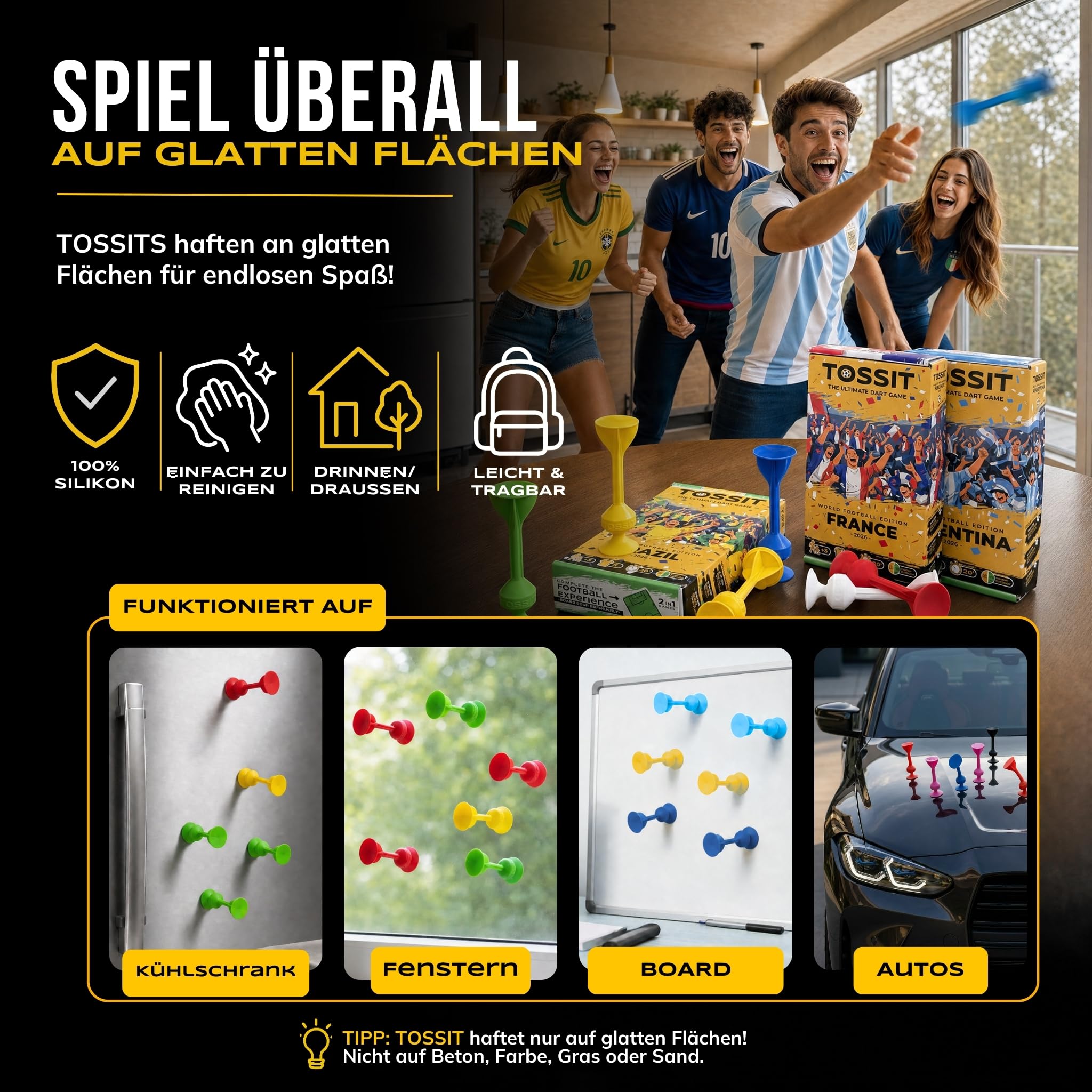 TOSSIT Spiel Saugnapf Darts, Indoor Outdoor Drinnen Draußen, Boccia, Petanque, Wurfspiel, Nachhaltig langlebig Silikon, Boden oder Wand, Starter Pack, World Football Edition