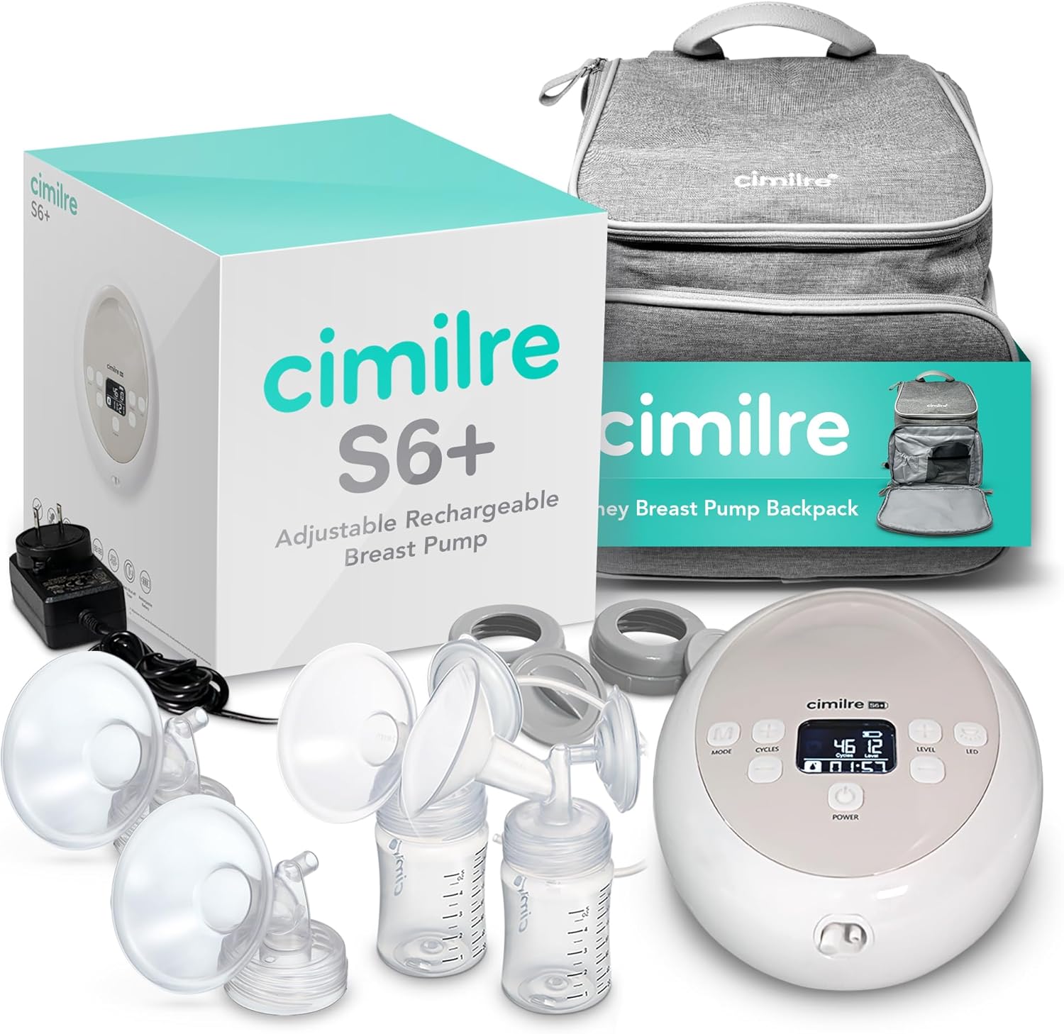 S6+ Adjustable Rechargeable Breast Pump & Journey Breast Pump Backpack Bundle – Hospital Strength Double Electric Pump with Stylish Travel Backpack