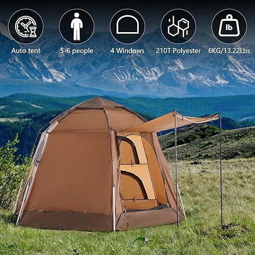 Miniatura 2 de TUKAILAI Tienda de campaña instantánea, diseño hexagonal, tienda de campaña automática con 4 ventanas de malla y 1 puerta, tienda desplegable de