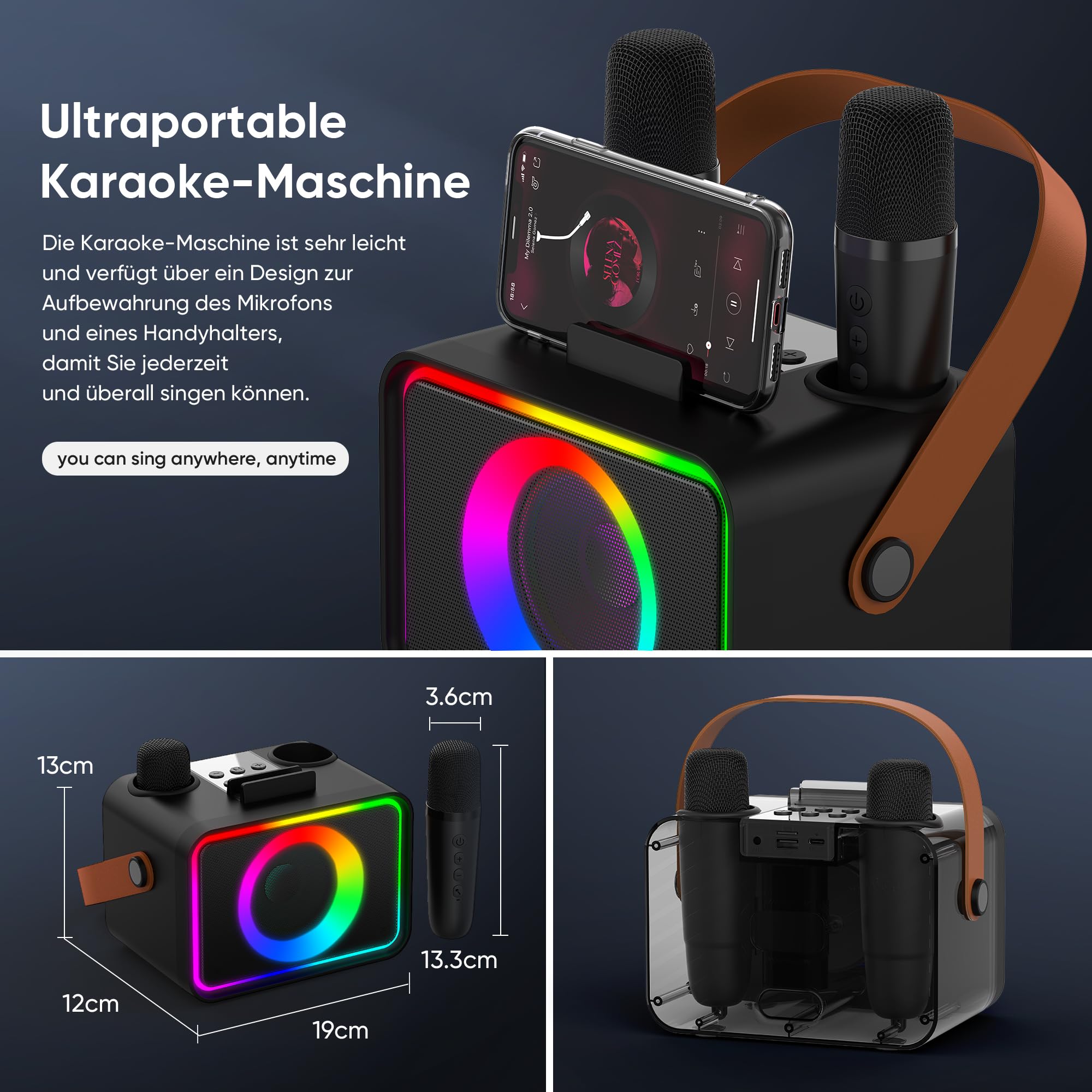 [2026] Karaoke Maschine 2 Mikrofonen: Karaoke Anlage mit 2 Karaoke Mikrofonen - Tragbare Bluetooth Karaoke Box Lautsprecher für Erwachsene Kinder Geschenk für Geburtstag PA Subwoofer Lautsprecher