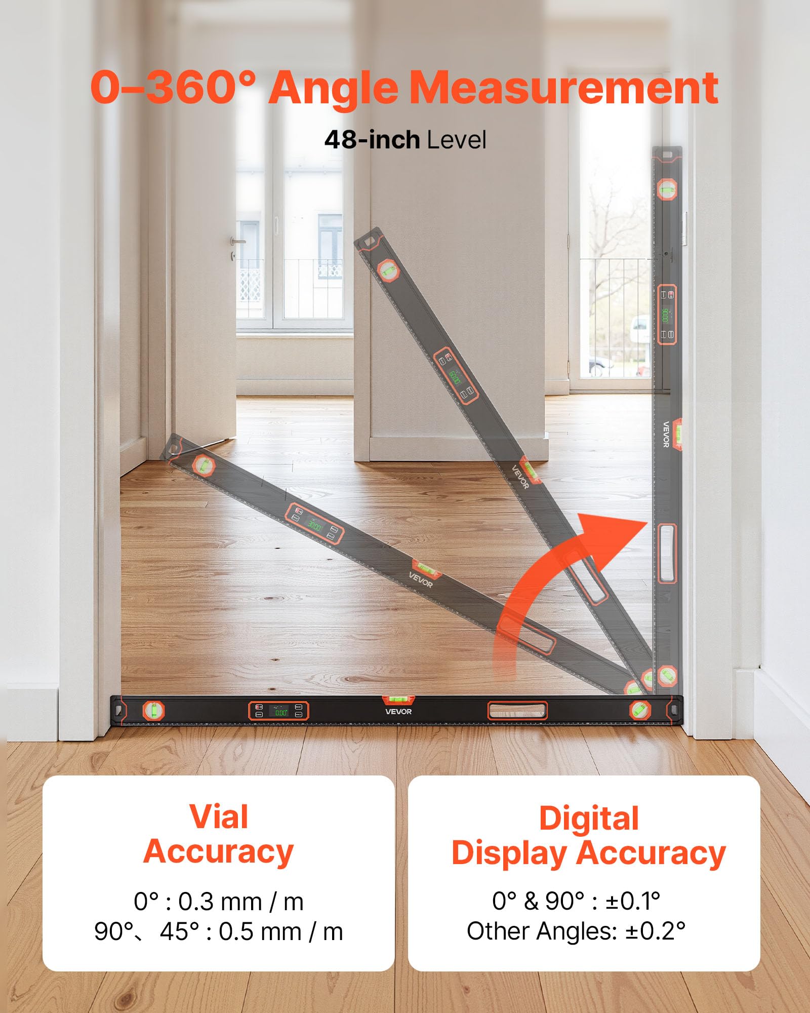 VEVOR Livella Digitale 1200 mm, Inclinometro Elettronica Magnetica ad Alta Precisione con Display LED Retroilluminato, Misurazione a 360°, Fiale a Bolla a 0°/45°/90°, IP54 per Edilizia e Falegnameria