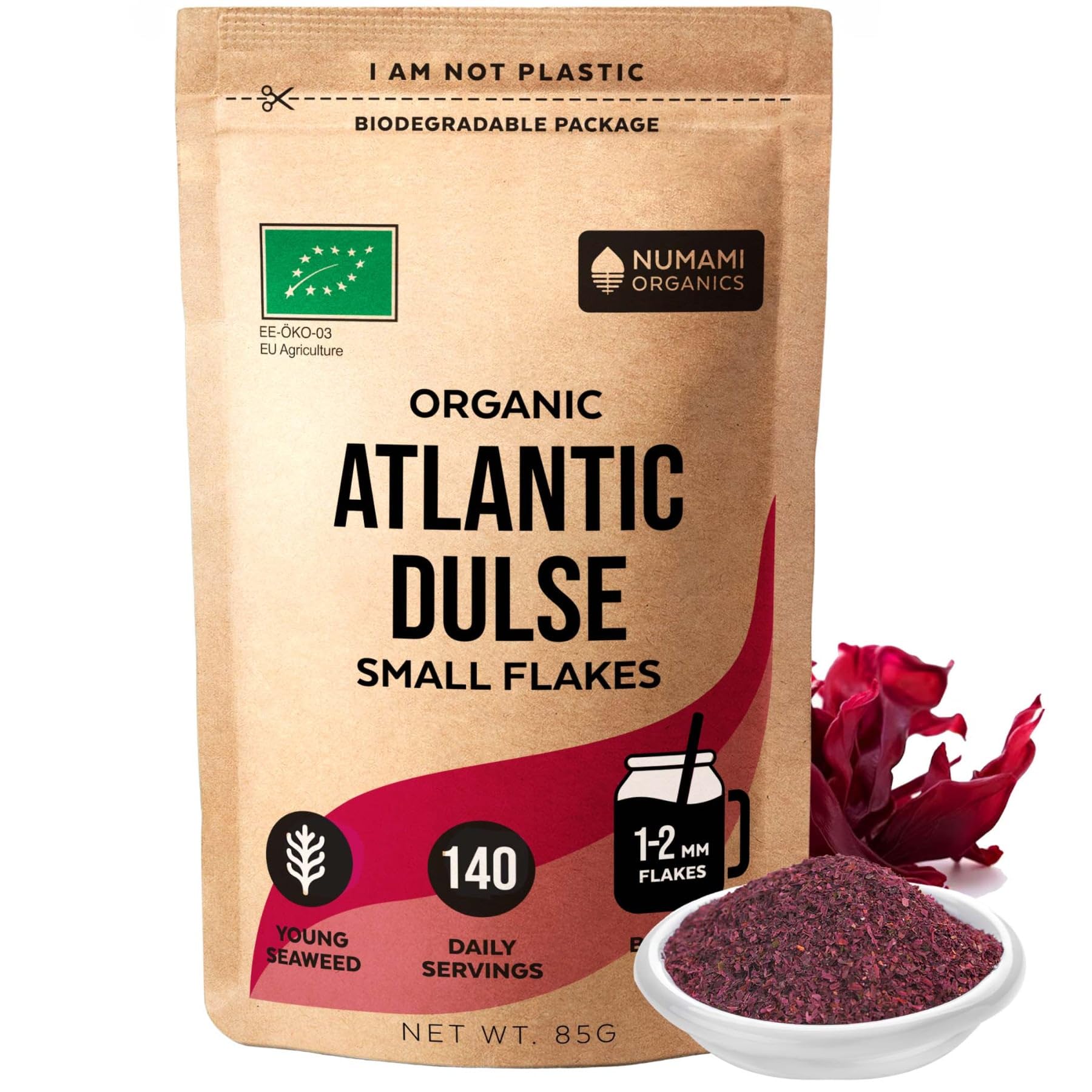 Organic Atlantic Dulse Flakes - Young Seaweed Grown in North Atlantic, Vacuum Dried Premium Quality. Soft Texture & Mild Taste. Add 1 TSP to Your Dish for Daily Vitamins/Minerals. (85 Grams)EU OrganicUSDA Organic