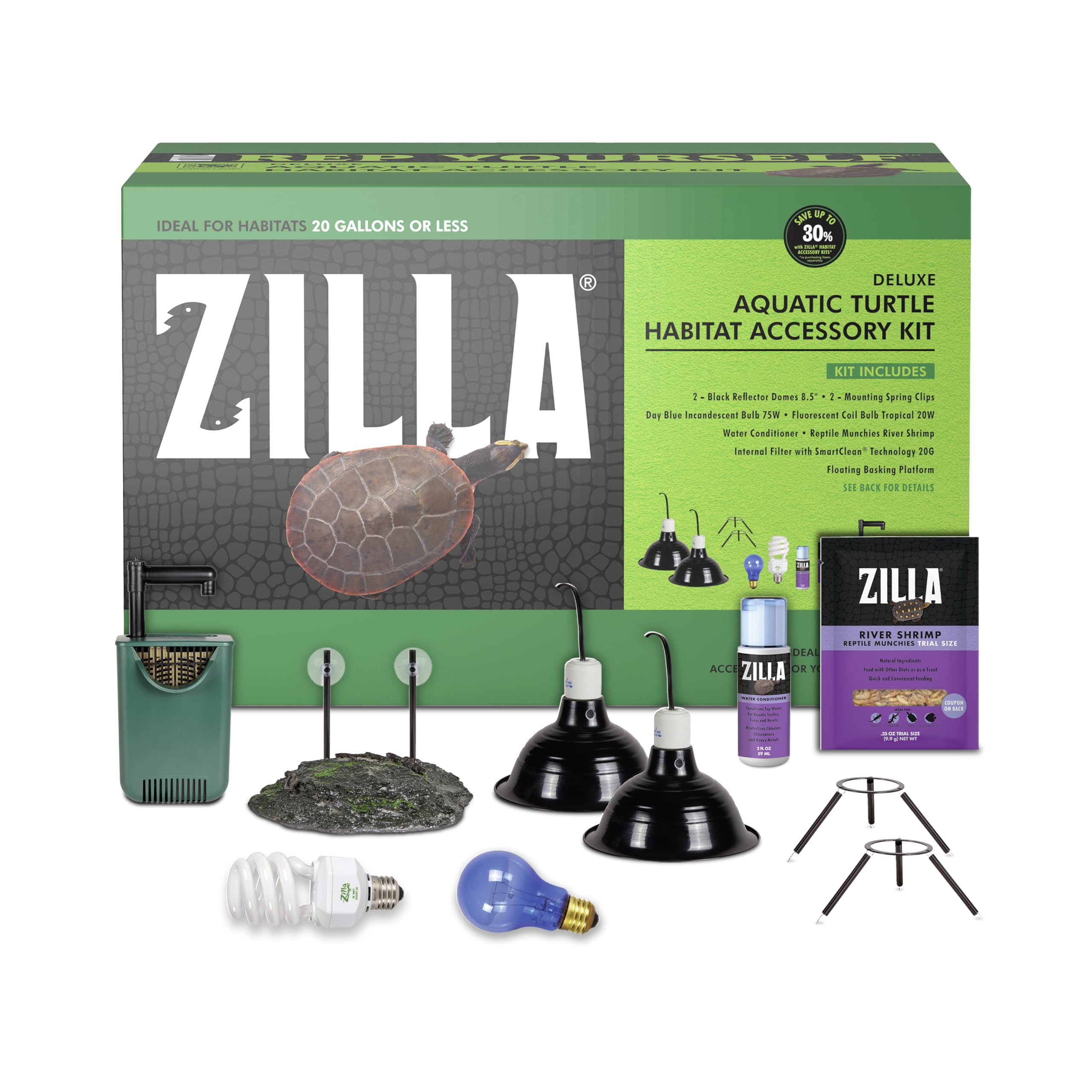 Zilla Aquatic Turtle Habitat zestaw akcesoriów, prosty zestaw startowy dla żółwi, łącznie z oświetleniem, platformą słoneczną, filtrem wewnętrznym, uzdatniaczem wody i karmą, idealny do siedlisk 20 g