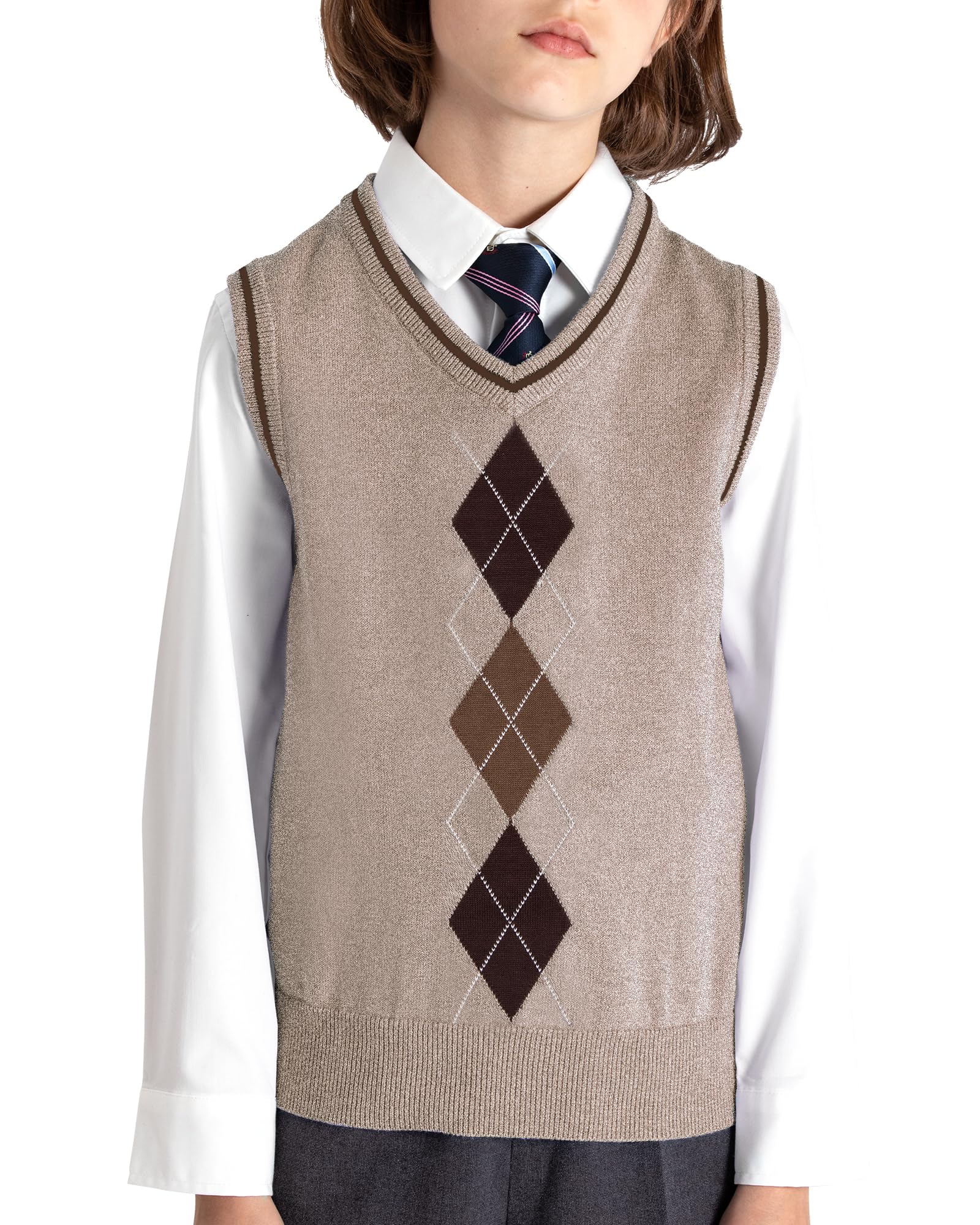 BOBOYOYO Boys Argyle Sweater Vest 100% Cotton V-Neck Vest Kids Uniform Sleeveless Sweaters for Children 5-12Y