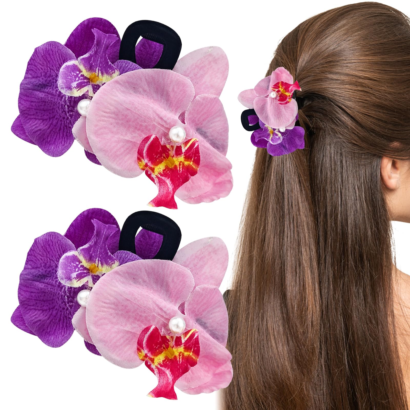 2 PACK Hawaiian Flower Claw Clips, Orchid Hair Clip Butterfly Orchid Hair Claw Clip for Women Summer Y2K Clip Headpiece Hair Accessories for Women