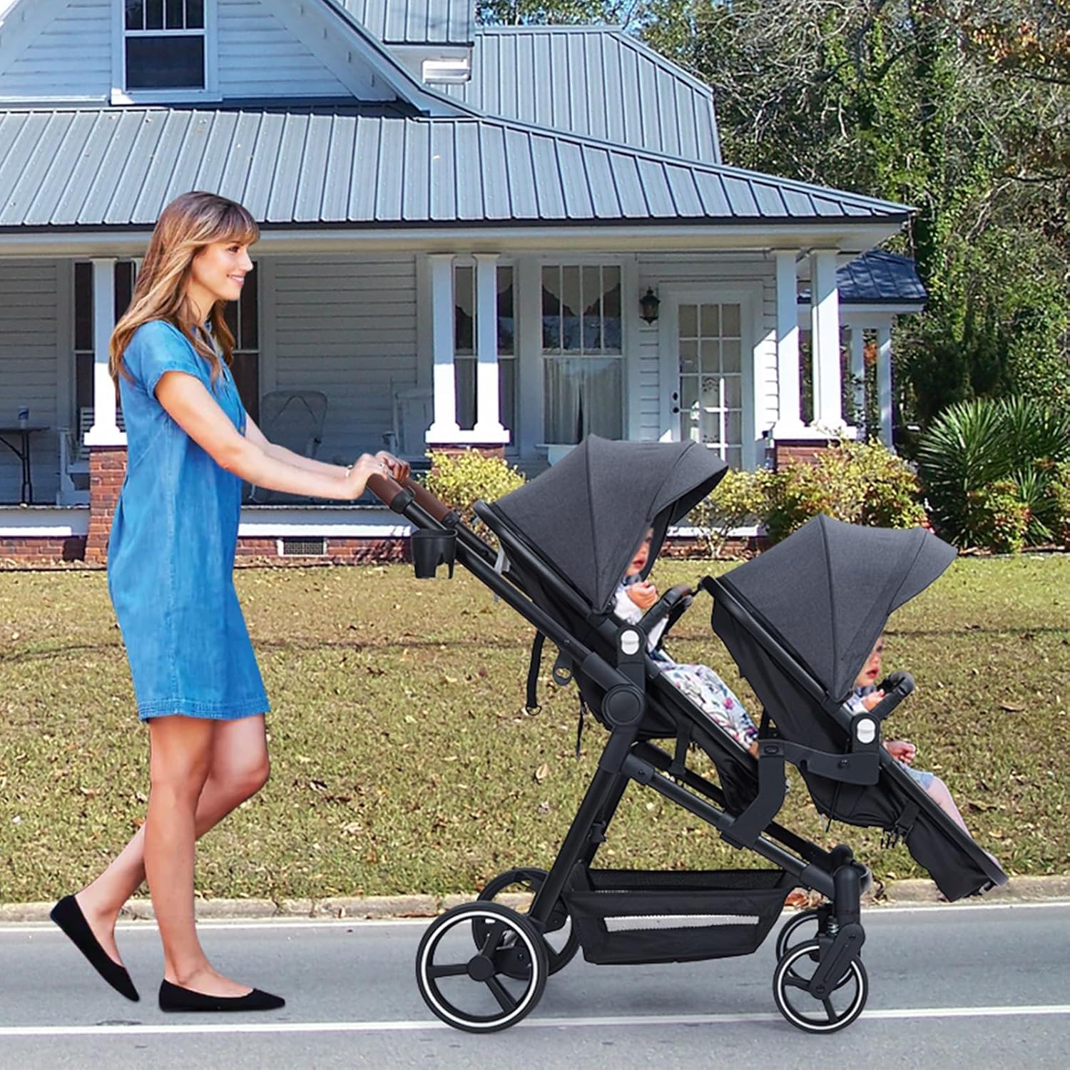 Passeggino Gemellare Doppio Leggero Carrozzina Pieghevole da Viaggio, Passeggino Tandem Compatto Con Sedili Reversibili, Navicella Bambino Carico Max 30 kg Dalla Nascita a 36 Mesi
