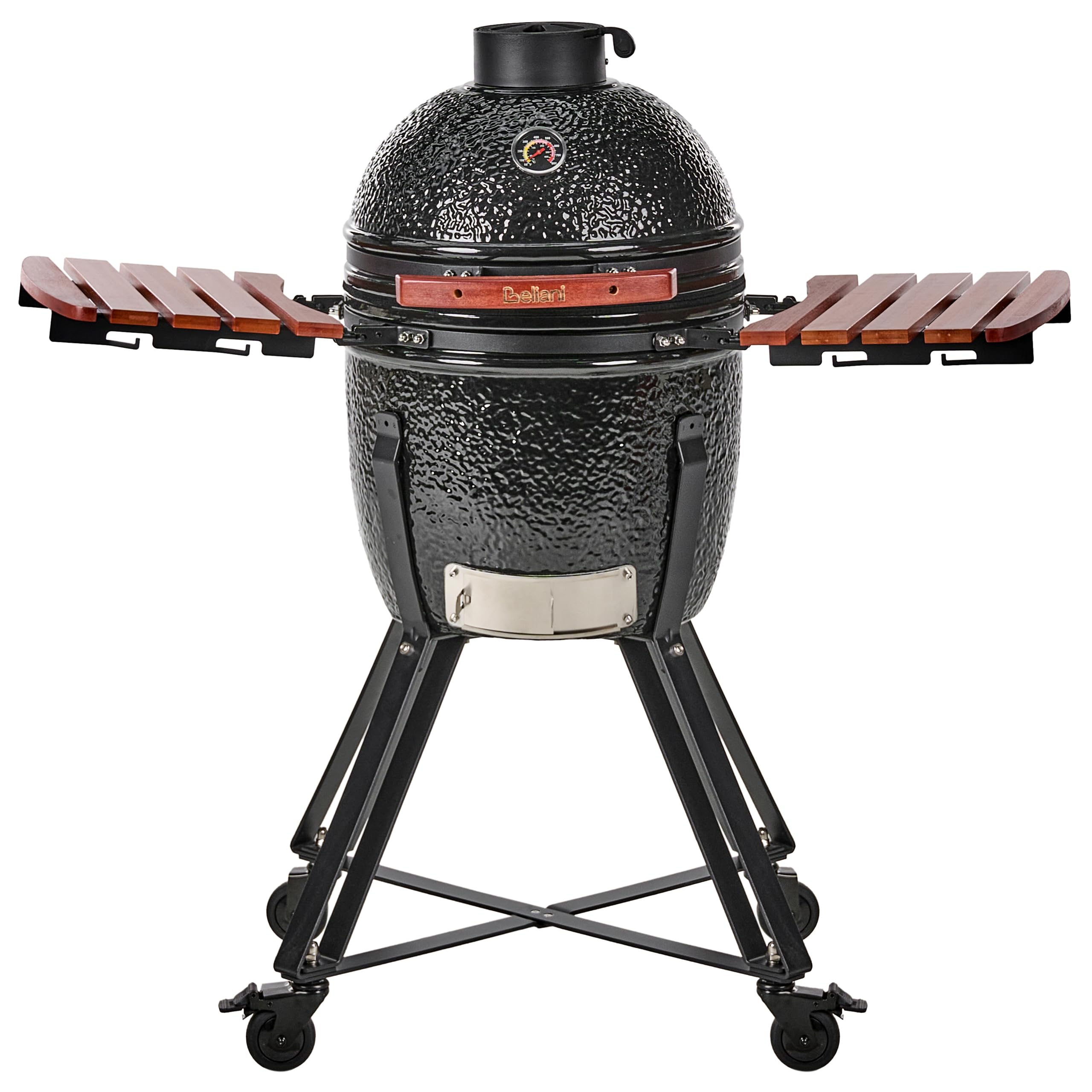 Ogrodowy grill węglowy ceramiczny na kółkach z pokrywą termometerem rusztem czarny Kamado