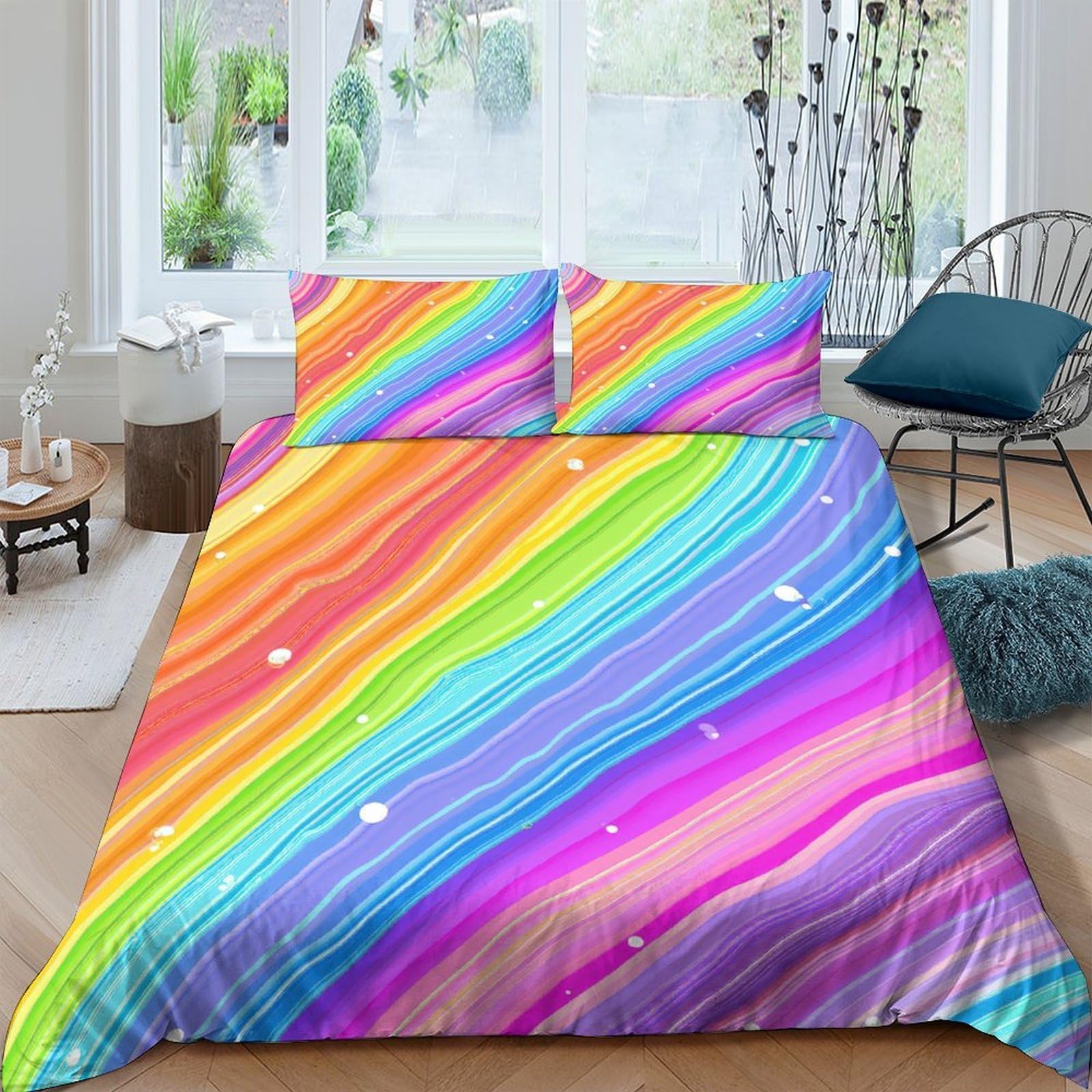 GPLZQXKJNH 3D Printed Rainbow Stripes Duvet Cover Microfiber Soft Multicolour Gradient Bedding Set with 2 Pillowcases for Bedroom Home Decor Single（135x200cm）
