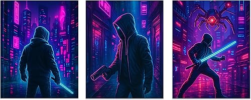 AMERICAN LUXURY GIFTS Cyberpunk - Arte de pared de 3 piezas, tríptico futurista de ciudad de neón, juego de 3 impresiones sin marco de 11 x 14