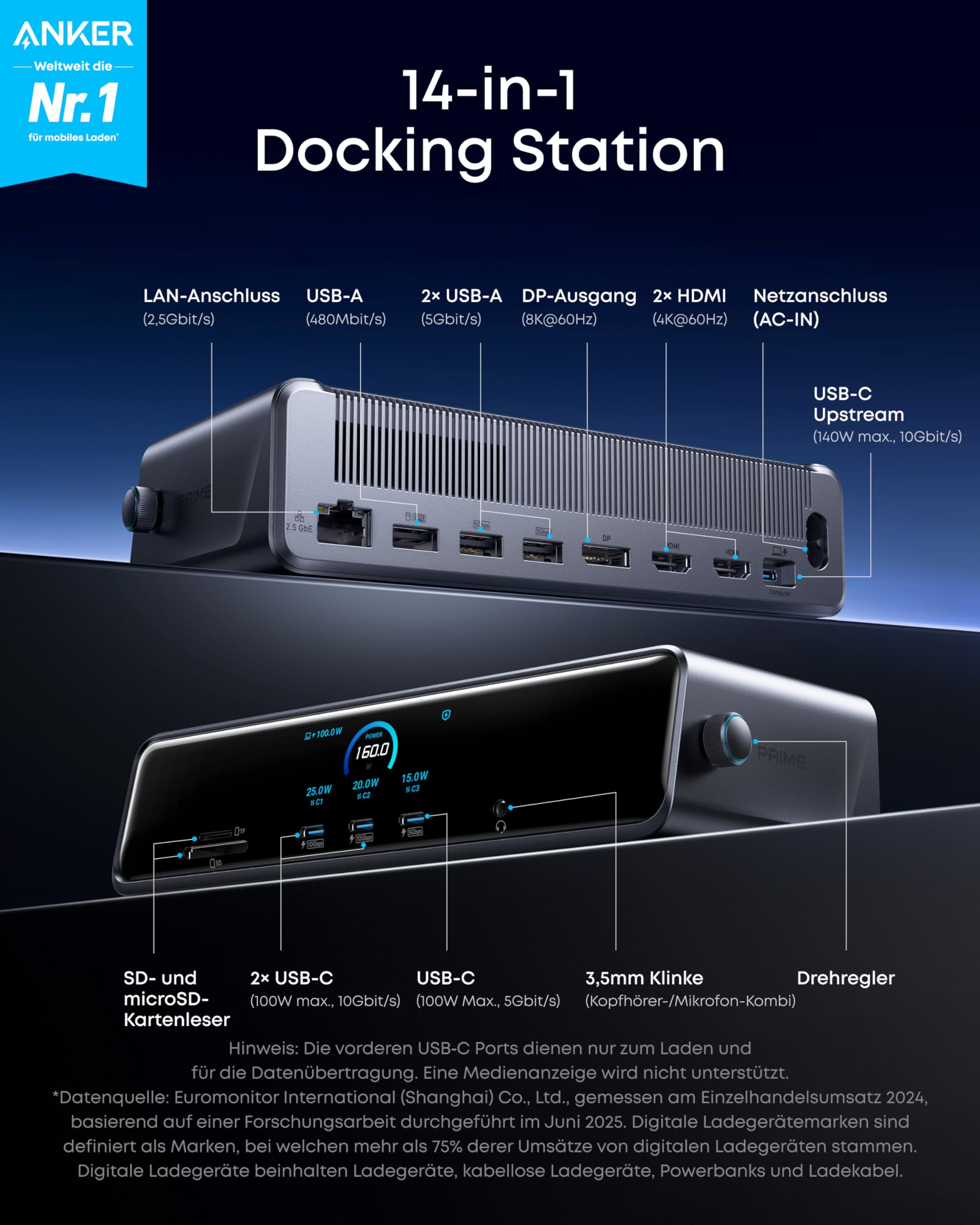 Anker Prime Docking Station, 14 Ports, Triple-Display mit DisplayLink, 140W USB-C, Smart Display, Kühlung, dreifaches 4K, für macOS & Windows (DisplayLink-Treiber erforderlich)