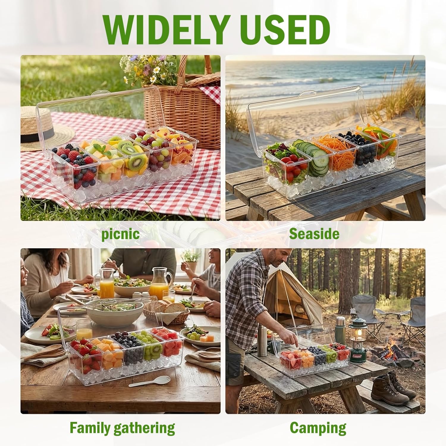 2 Pack Ice Chilled Condiment Caddy, 5 Removable Compartments for Mimosa Bar Supplies, Clear Condiment Tray with Hinged Lid, Stackable Serving Platter with 5 Spoons and 3 Clips for Parties