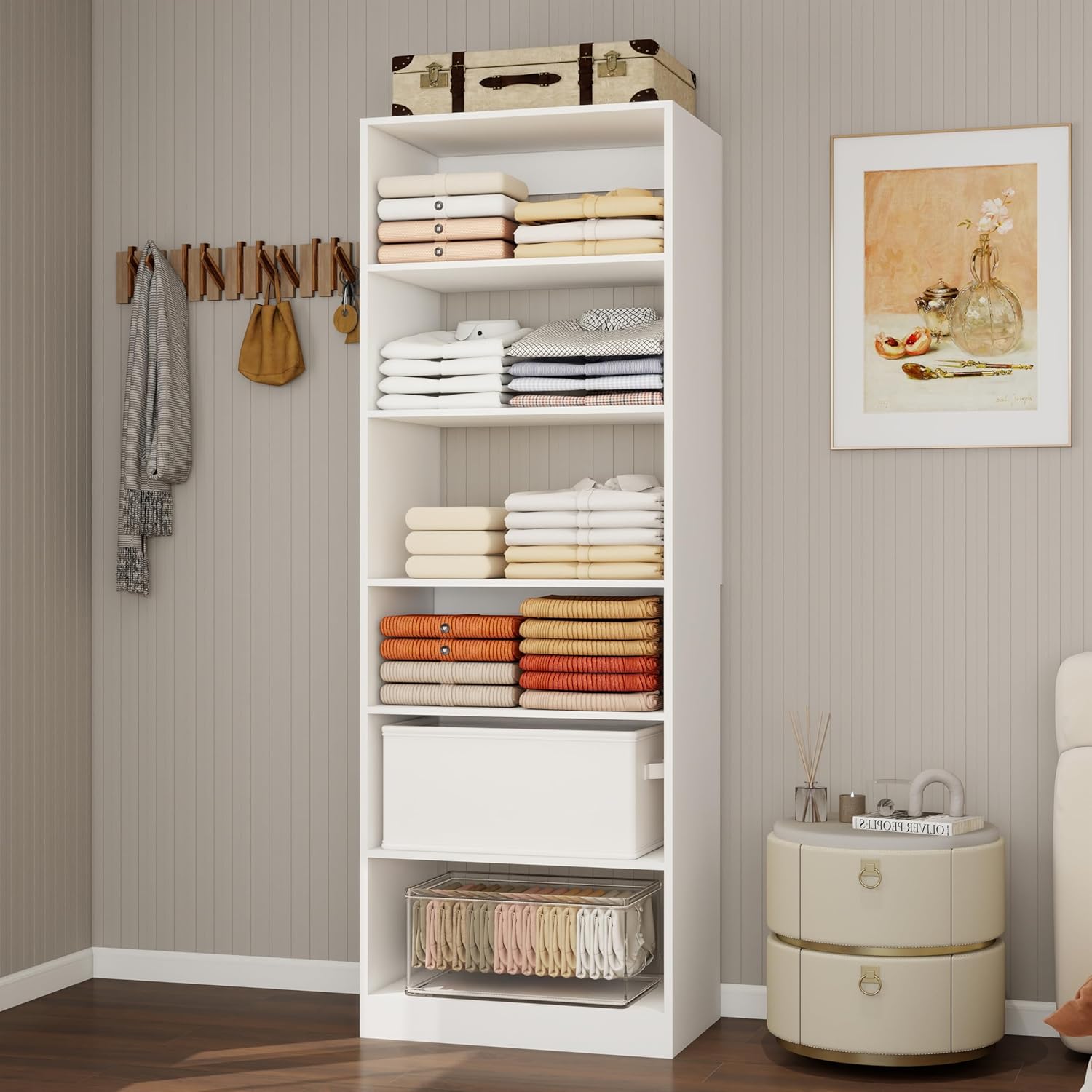 Closet system with 15-Height Adjustable Storage Shelves, Wood Closet Organizer Sytem, Closet Shelving System for Shoe Organization, Heavy Duty Walk in Closet Tower, 23.7" W x 14.8" D x 81" H, White