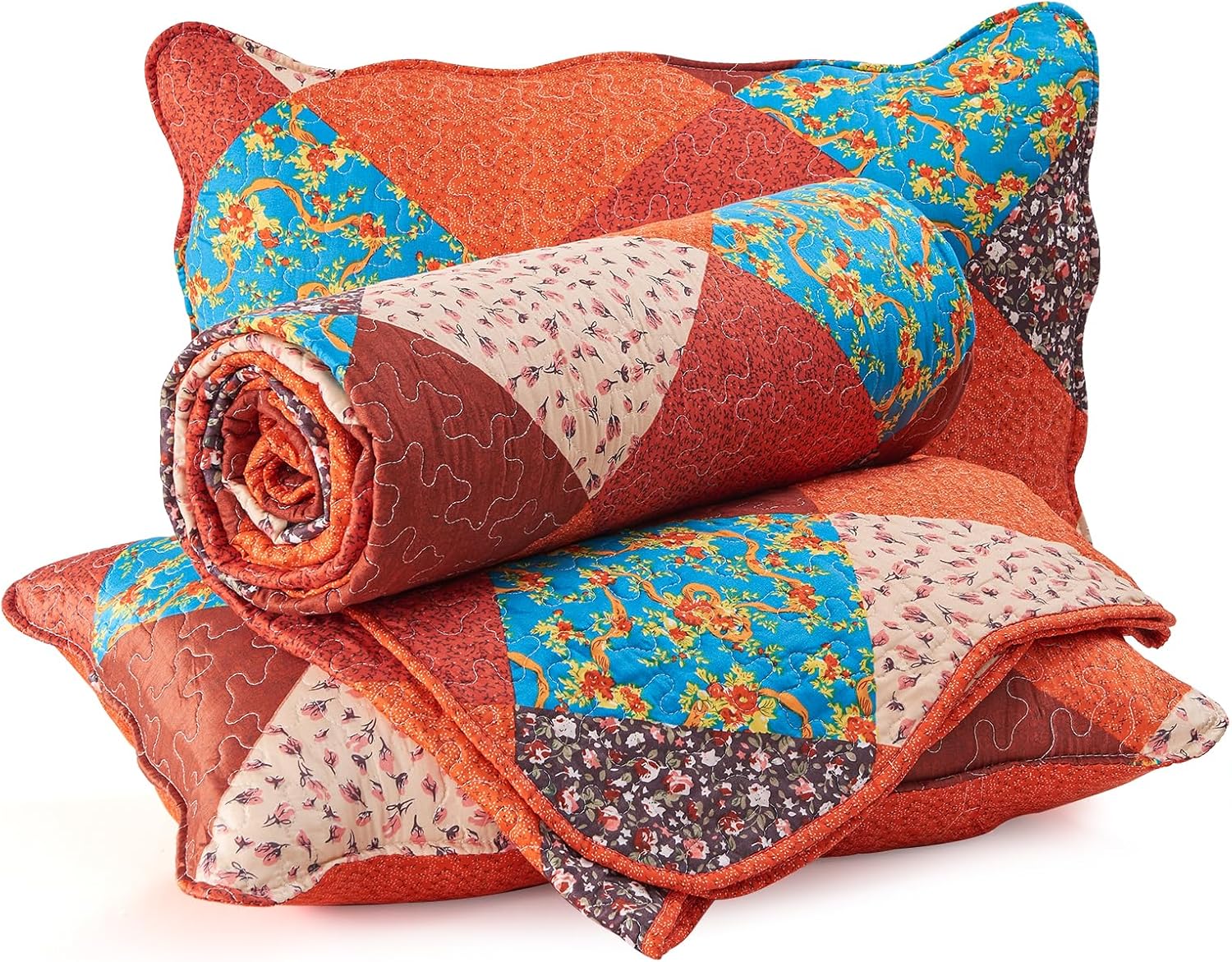 Qucover Patchwork King Quilt Bedding Set, 3 Piece Burnt Orange Bedspread Coverlet Set with Pillowcase, Soft Microfiber Autumn Fall Quilts King Size, 106"x96" - Image 6