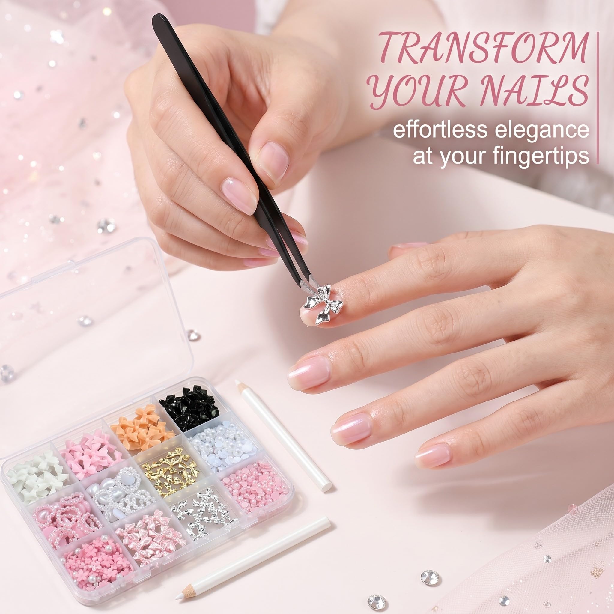 1 boîte de pendentifs pour ongles avec nœud blanc, rose, noir, nœud 3D, mignon, dos plat, nœud papillon, deco ongle nail art, strass pour ongles, loisirs créatifs