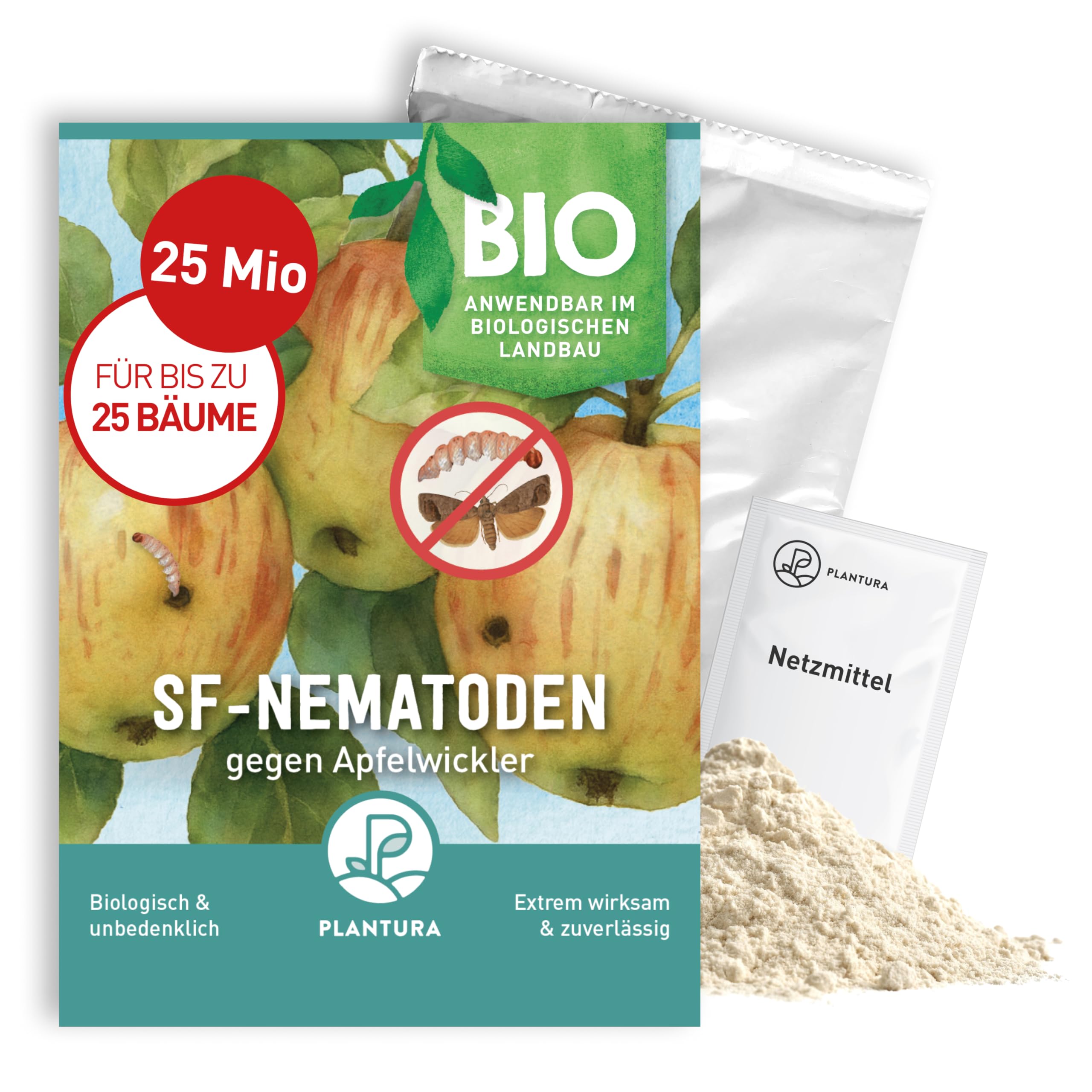 Plantura SF-Nematoden gegen Apfelwickler & Pflaumenwickler – 100% biologisch & hochwirksam, inkl. Netzmittel, Nützlinge aus Deutschland, 25 Mio für bis zu 12 große / 25 kleine Bäume