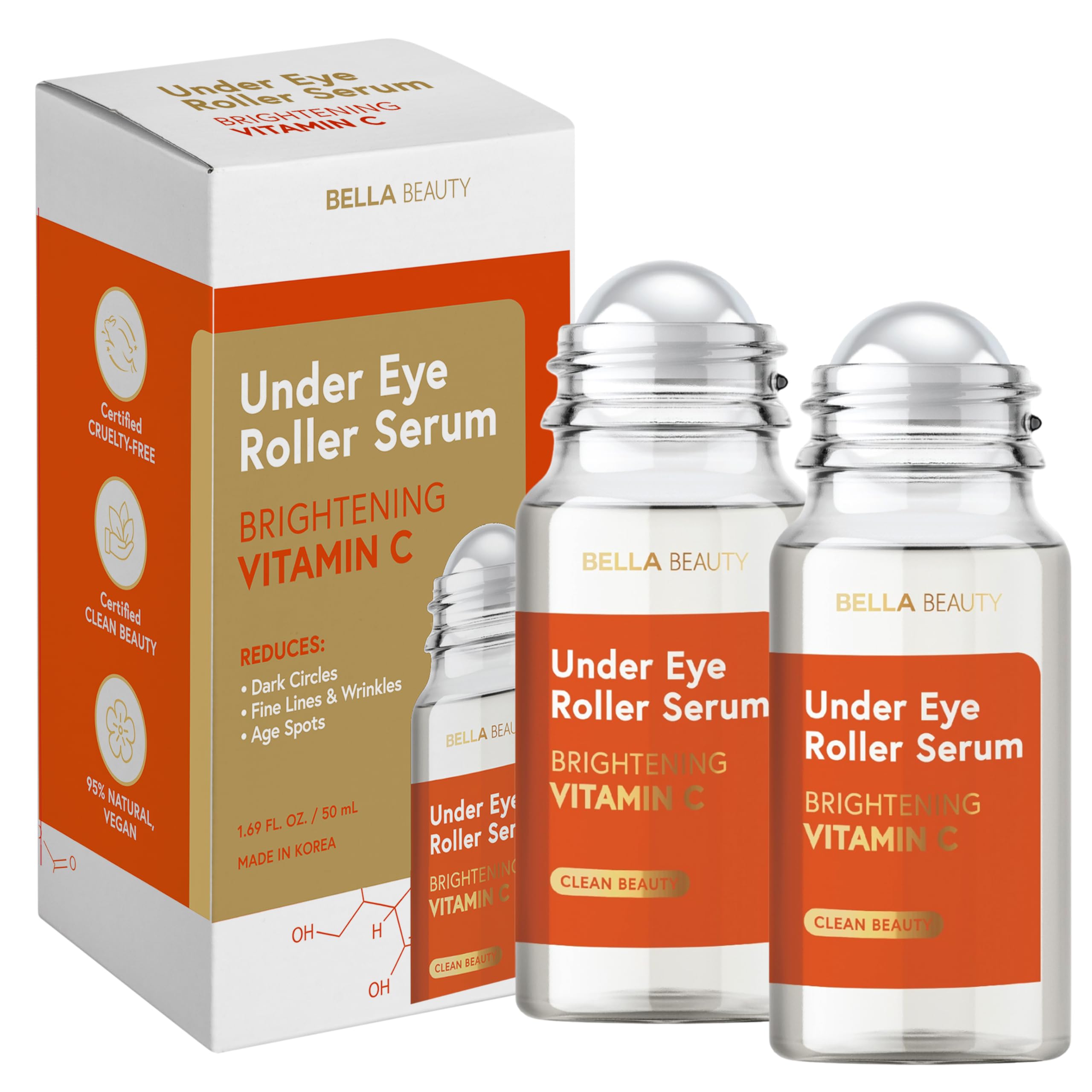 Bella Beauty Eye Roller Serum with Vitamin C & Niacinamide - Hydrates & Reduces Puffiness & Fine Lines - Anti-Aging, Dermatologist Tested, Korean Skin Care for All Skin Types - 1.69 Fl. Oz (2 Pack)
