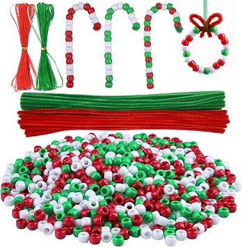 Livder Christmas Beaded Ornament Kit, Include 1000 Pieces Red Green White Plastic Beads, 60 Pieces Chenille Stems, 64 Feet Ribbon for Xmas Wreath Tree Decorations DIY Crafts Jewelry Making