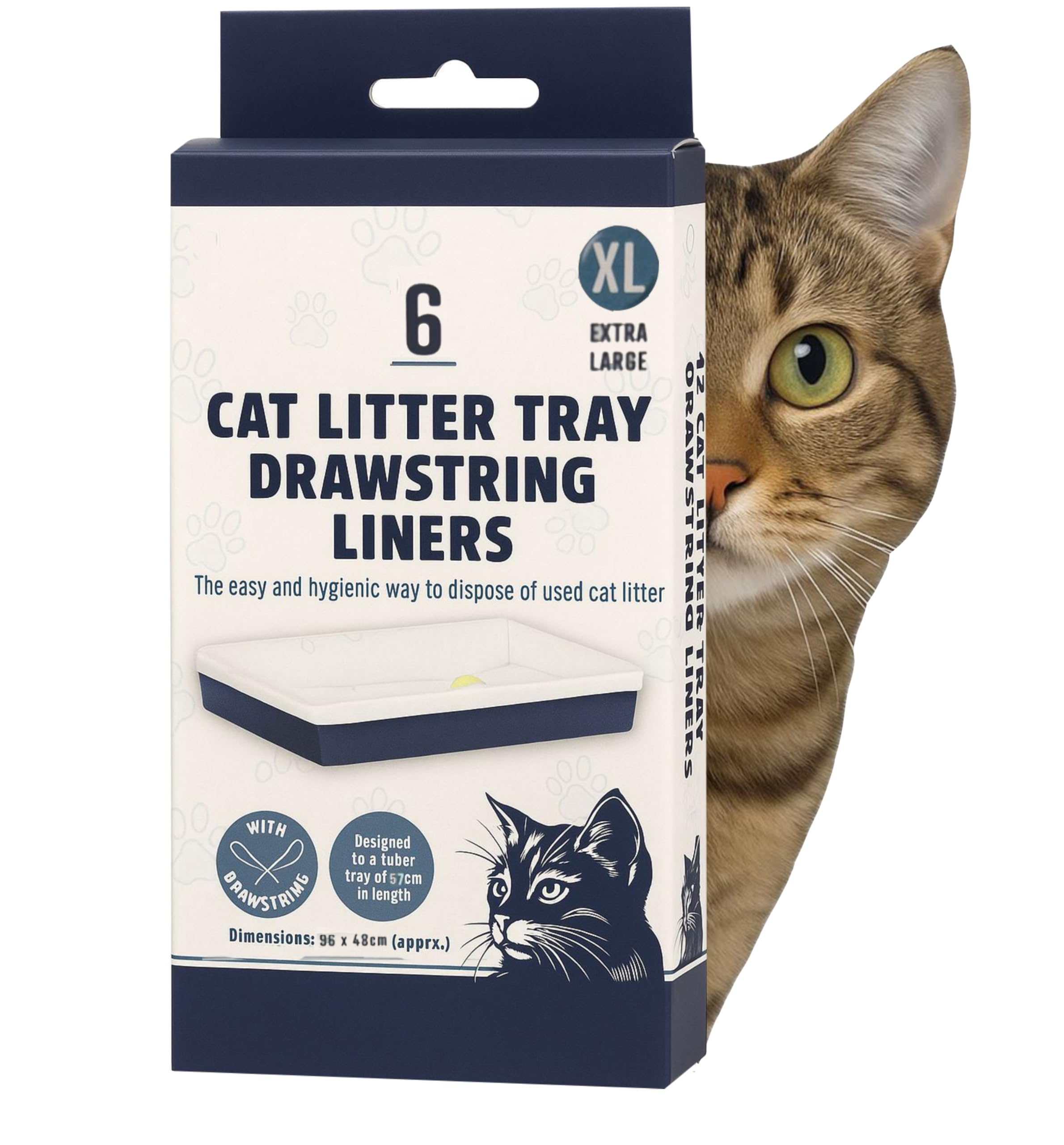 Pet Guru White Xl Cat Litter Tray Drawstring Liners, Extra Large 96 X 48 Cm, Strong Disposable Bags With Yellow Drawstring (6)