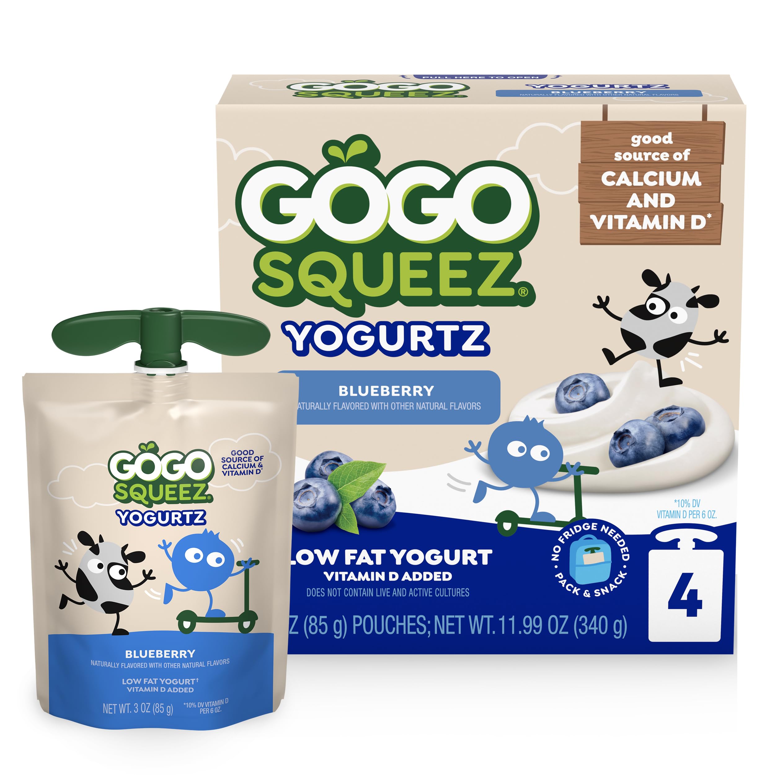 GoGo squeeZ yogurtZ Blueberry, 3 oz (Pack of 4), Kids Snacks Made from Real Yogurt and Fruit, Pantry Friendly, No Fridge Needed, Gluten Free and Nut Free, BPA Free Pouches (Packaging May Vary)