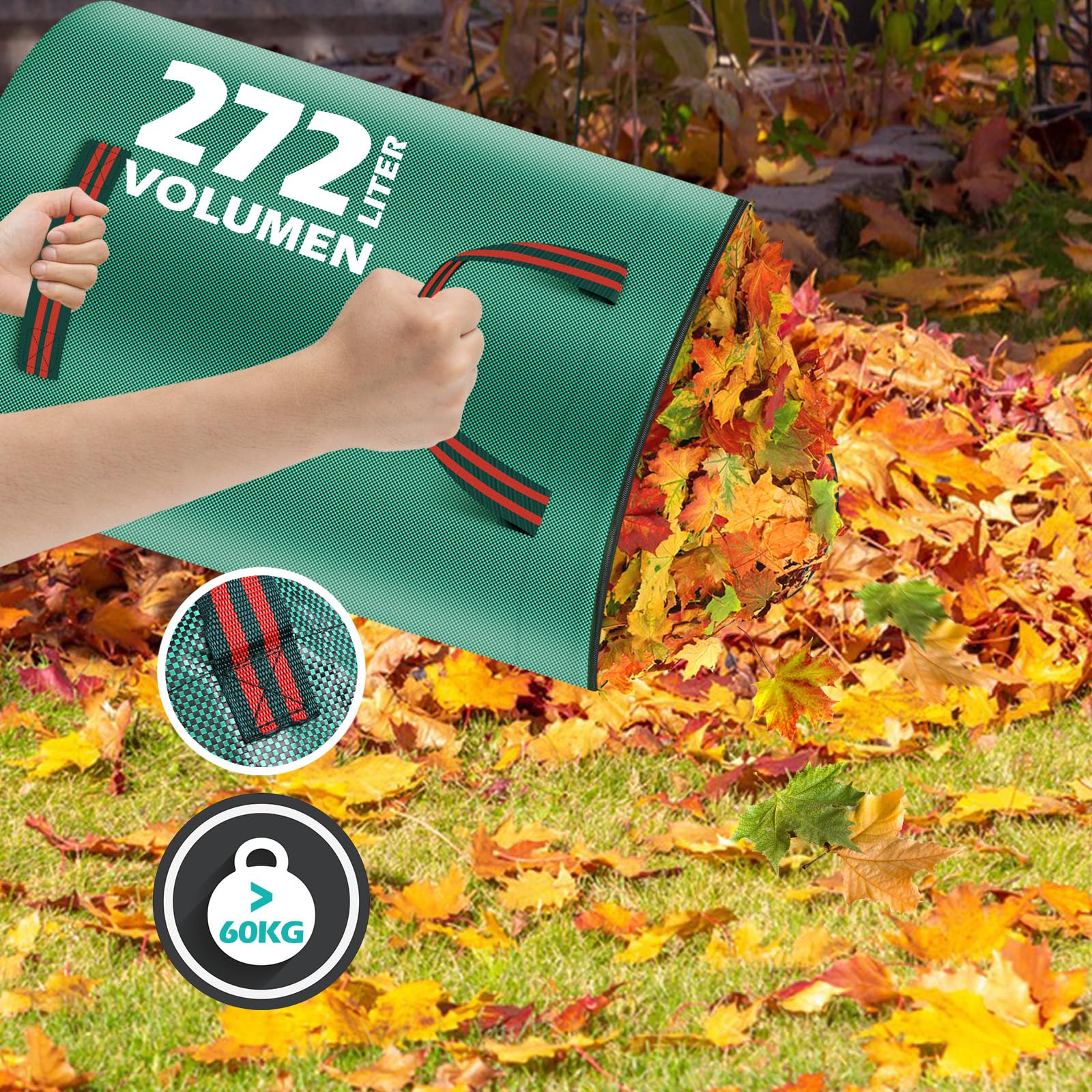 3 sacchi per rifiuti da giardino da 272 l, stabili con coperchio e guanti inclusi – Sacco da giardino grande, resistente agli strappi e impermeabile, riutilizzabile e pieghevole per taglio