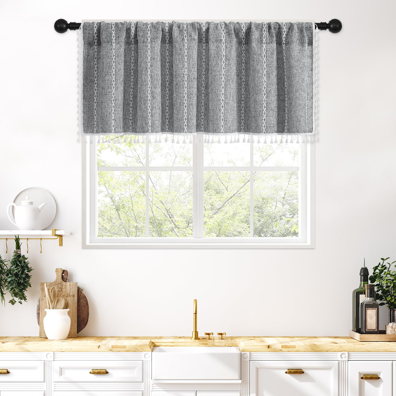 MitoVilla Dark Grey Boho Kitchen Valances for Windows, Modern Farmhouse Valance Curtains for Living Room/Bedroom, French Country Cotton Linen Topper Window Curtain with Tassel, 52’’W x 18’’L