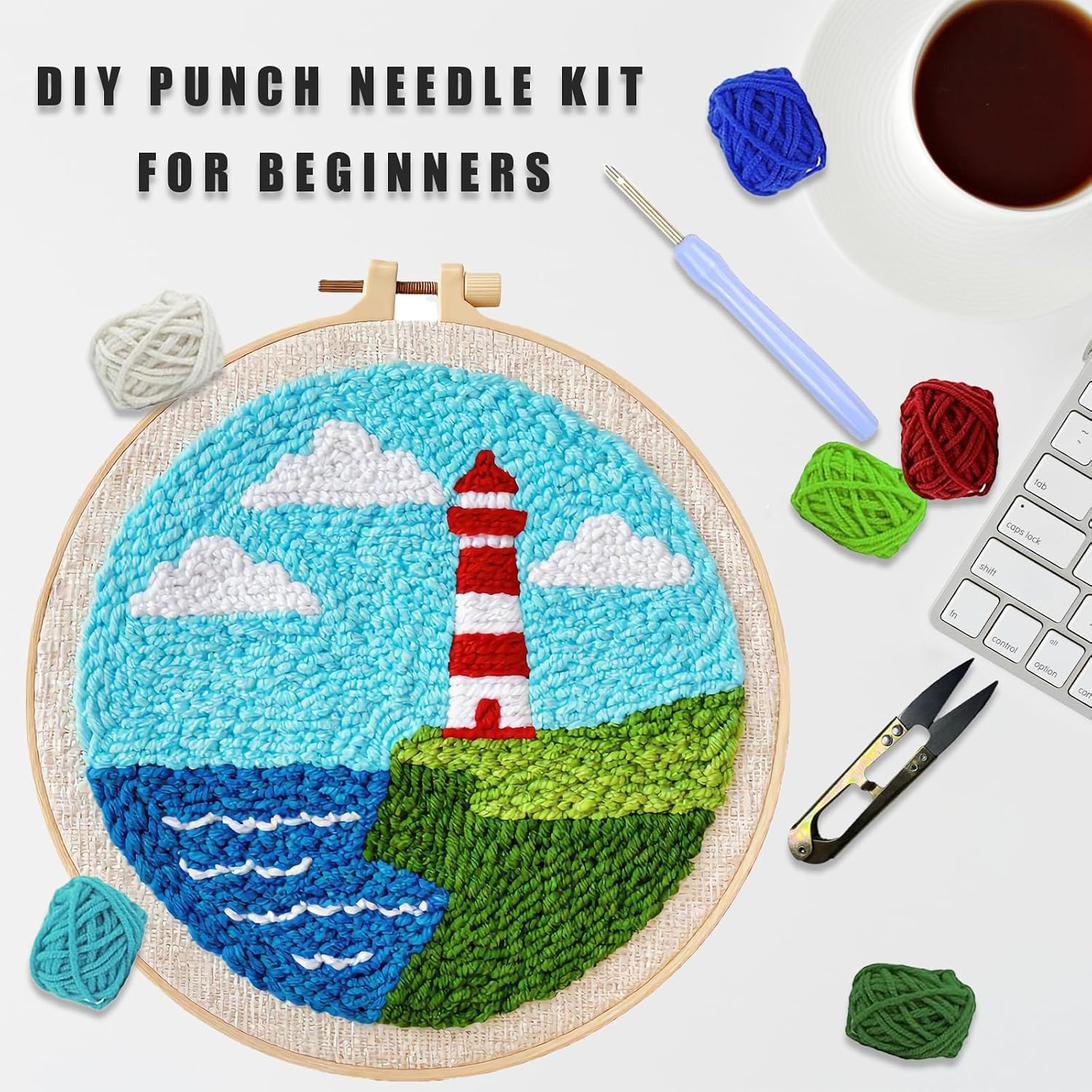 DIY Punch Needle Kit for Beginners, All-in-One Embroidery Starter Set for Adults & Teens with Pre-Stamped Fabric, Soft Yarn & Adjustable 7.87IN Hoop for Wall Art & Home Decor Craft (Light House)