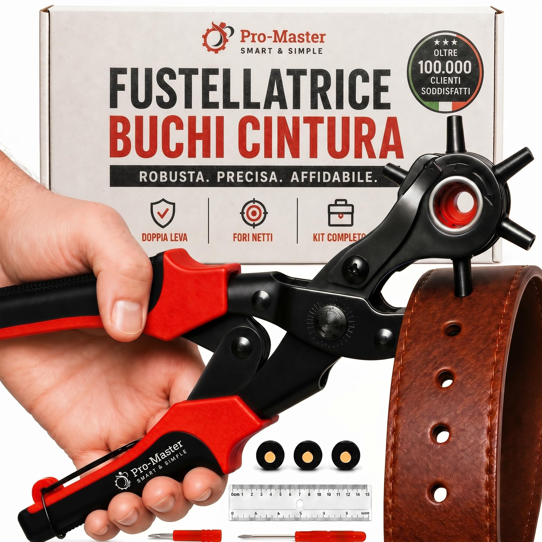 Pinza Fustellatric per Buchi Cintura, Progetti DIY Casa o Artigianali. Punzoni per Cuoio, Super Robusta Testina Rotante, Punzonatrice Fori Varie Misure