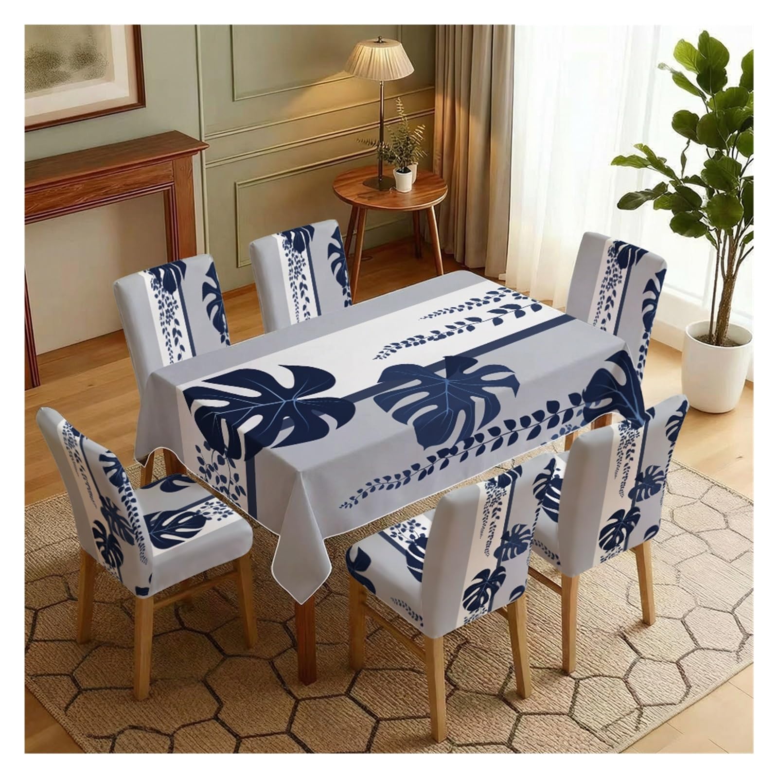 BOSUYBN Navy Blue Monstera Leaf Vertical Stripe Printed Dining Tablecloth & Chair Covers Set, 5/7 Piece Modern Minimal Tropical Neutral Dining Decor Table Setting(7pcs Set: Tablecloth+Chair Covers)