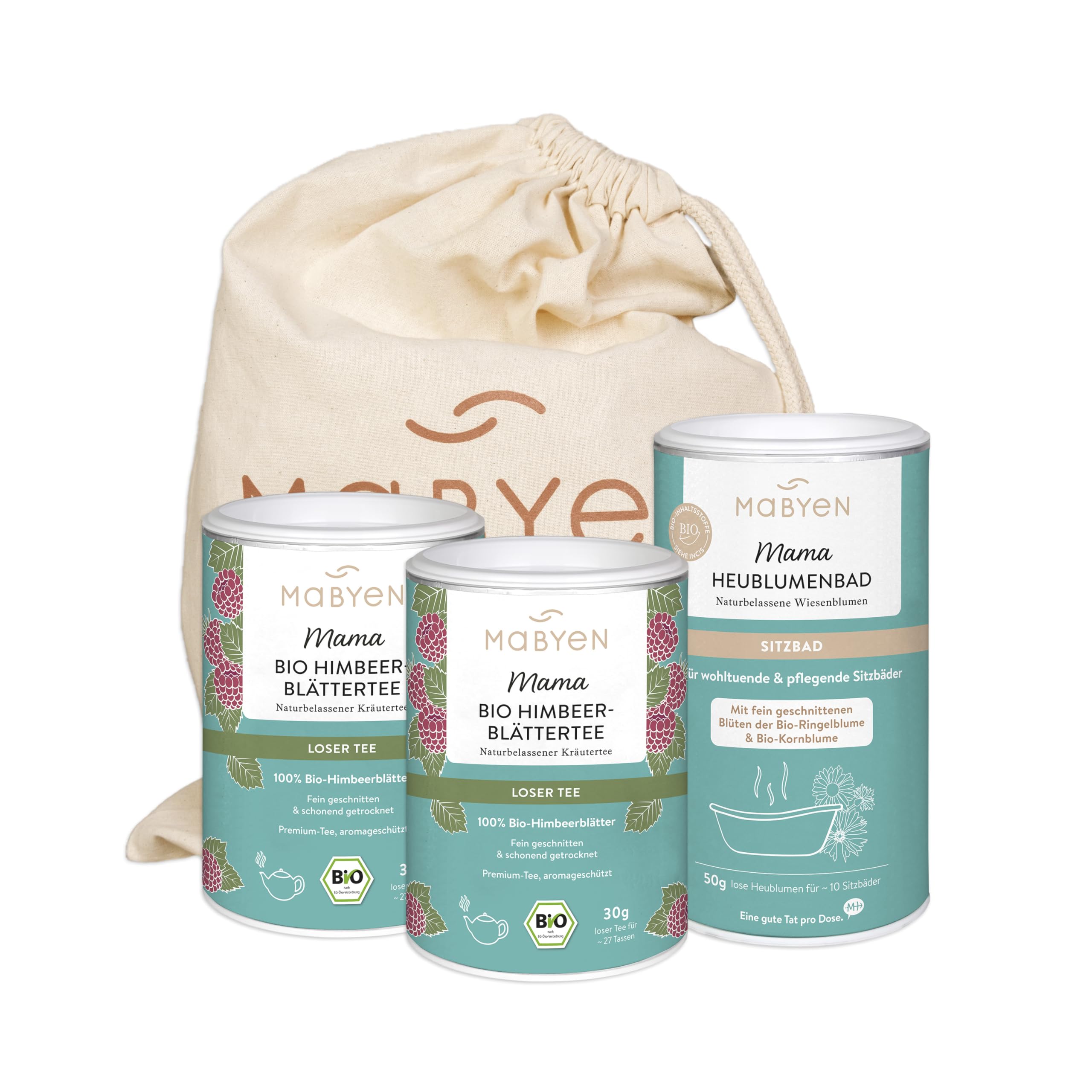 MABYEN Set di preparazione al parto per la mamma | con 2 x Tè alla fragola e 1x Bagno di fieno - 3 prodotti + sacchetto di tessuto - Cofanetto regalo - Set per la gravidanza - Bagno - Preparazione al